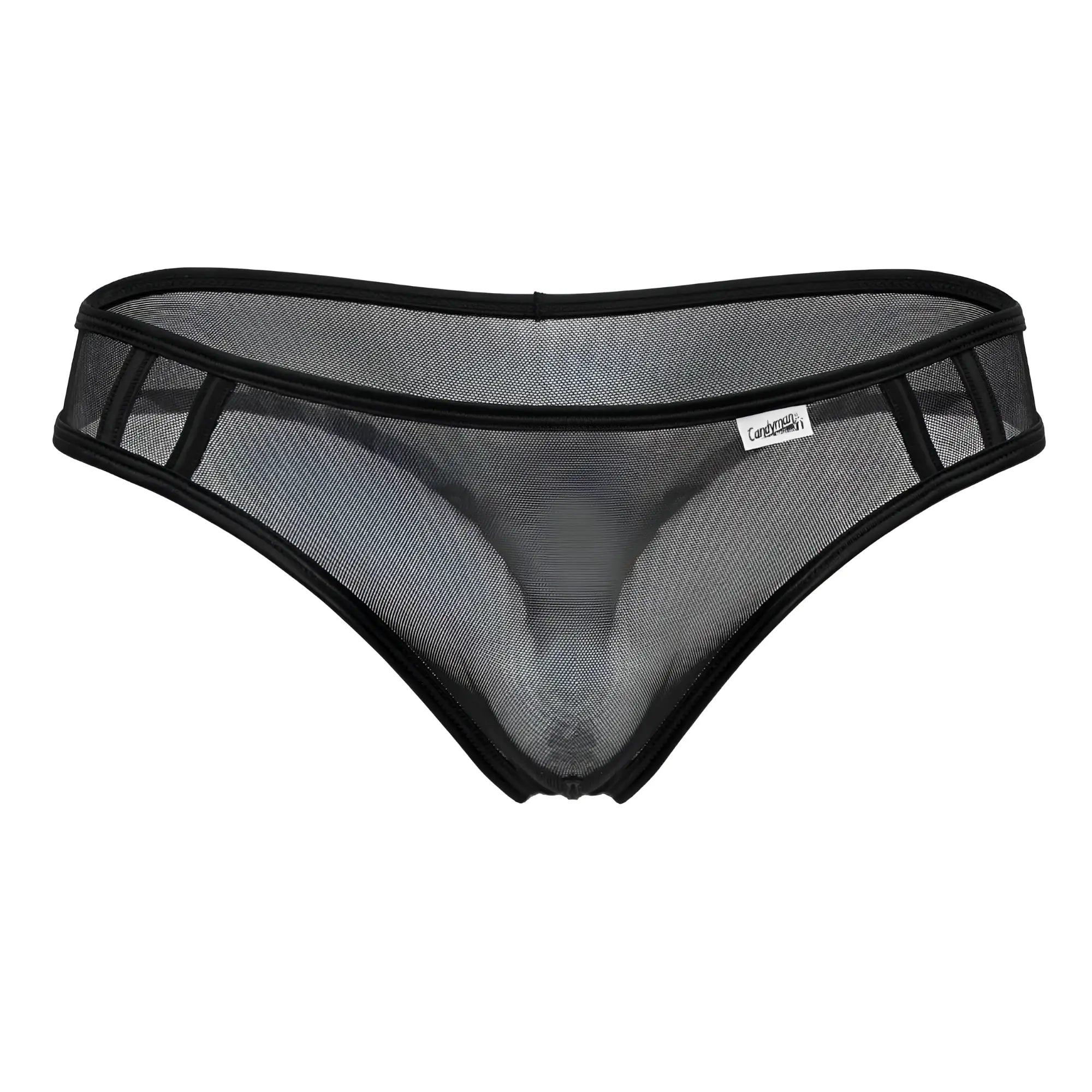 Black candyman 99767 sports mesh thong with sleek transparent design and reinforced trim shown from back side