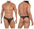 Black mesh thong with solid black front panel and white logo on left hipband from candyman 99767 sports mesh thongs