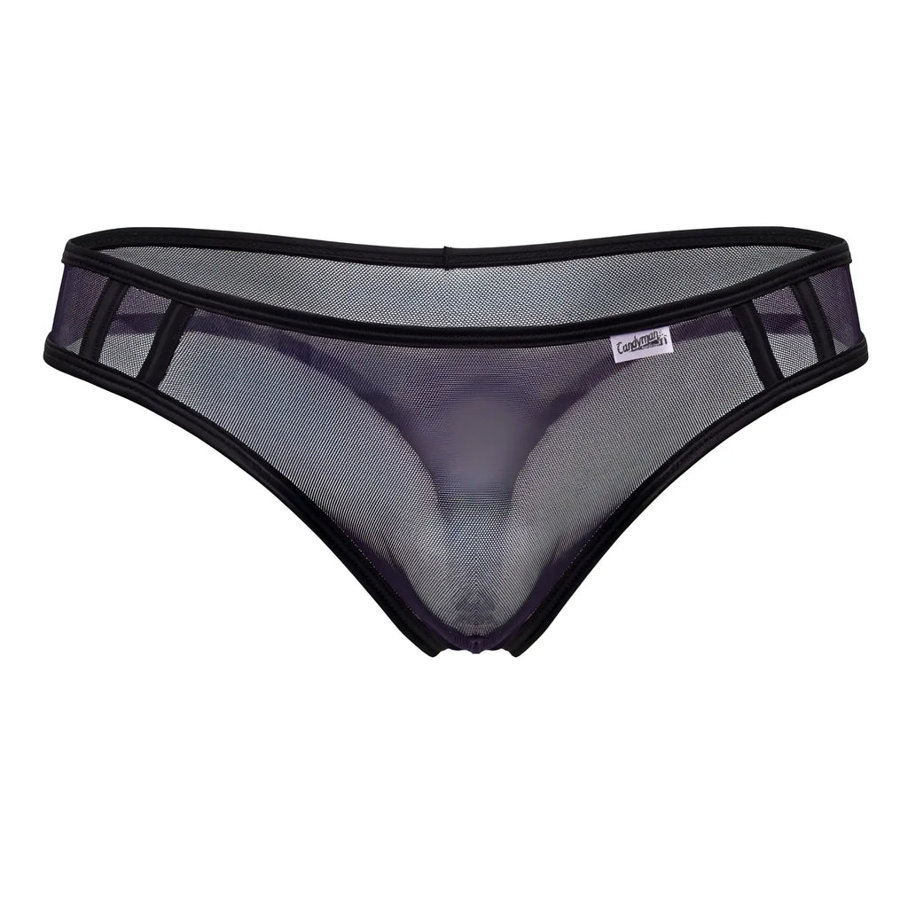 Black CandyMan 99767 sports mesh thong with reinforced trim and brand tag in navy color