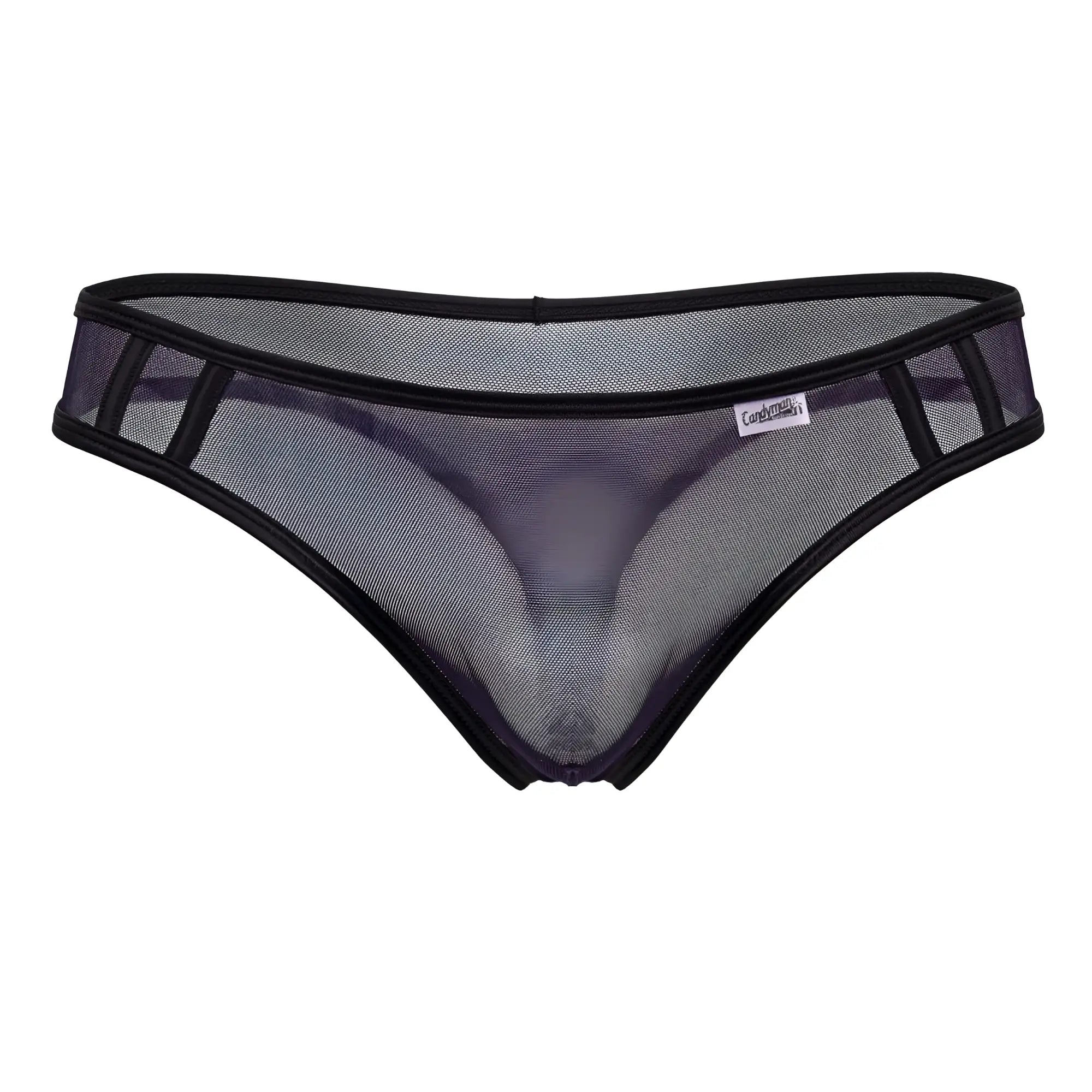 Black CandyMan 99767 sports mesh thong with reinforced trim and brand tag in navy color