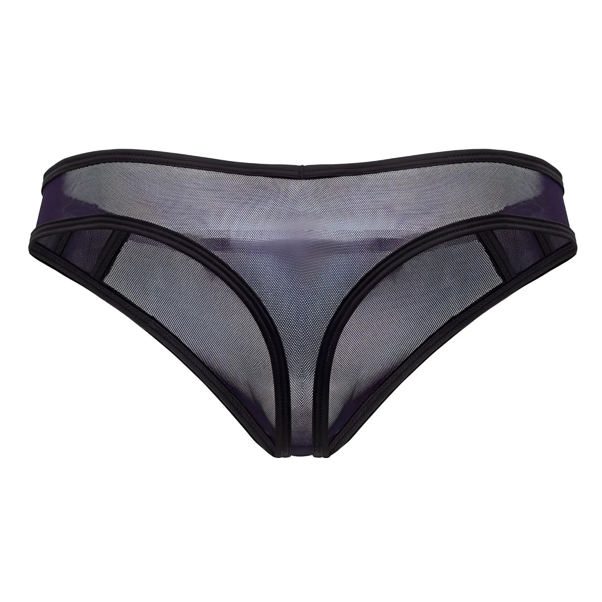 Black mesh thong with sheer translucent design and solid trim from candyman 99767 sports mesh thongs navy color