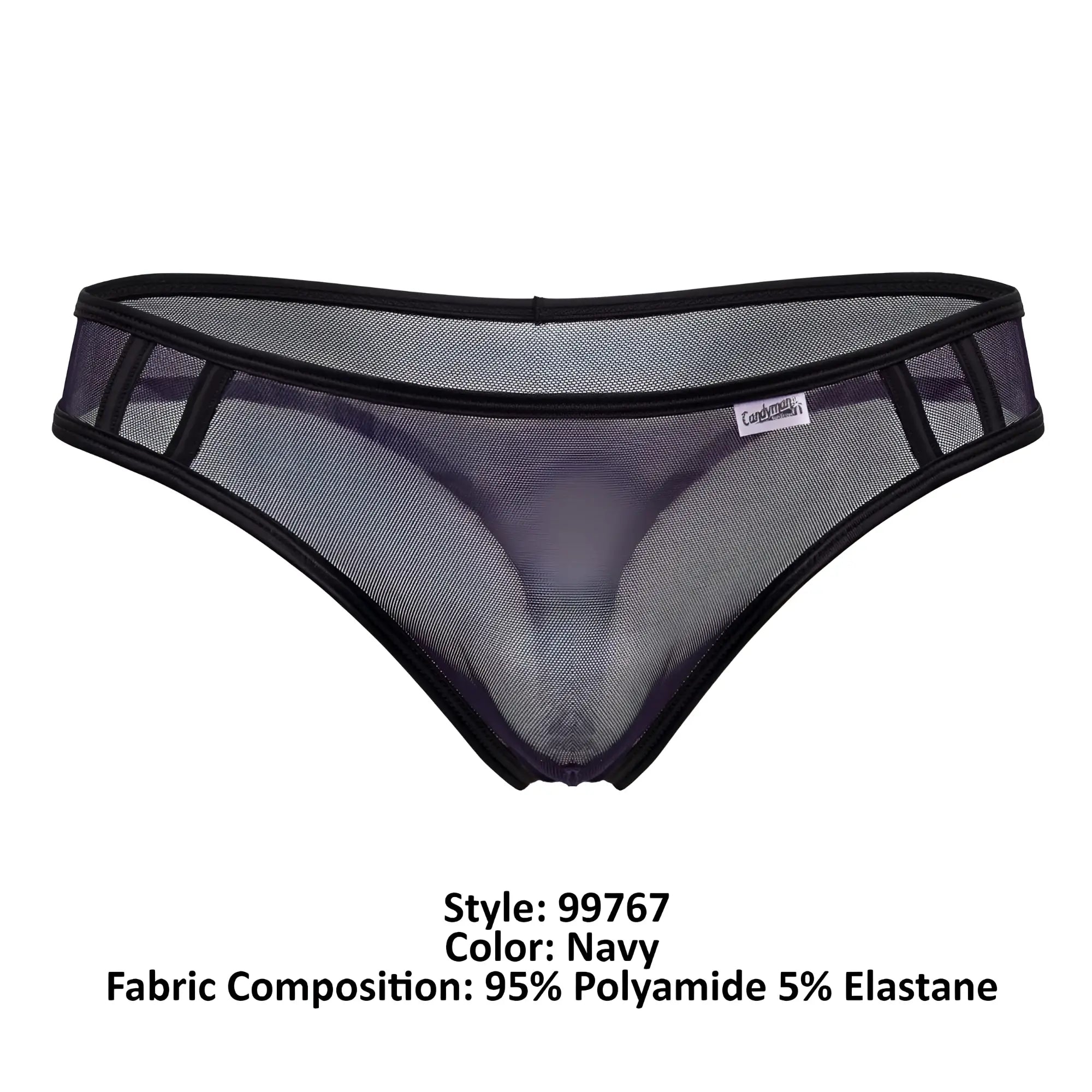 CandyMan 99767 navy sports mesh thong with black trim and subtle brand tag for comfortable activewear