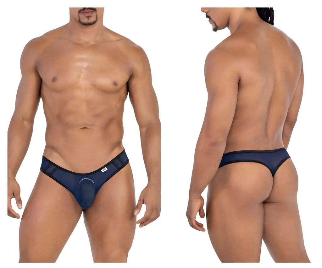 Navy blue CandyMan 99767 sports mesh thong briefs with black trim and subtle logo on the side