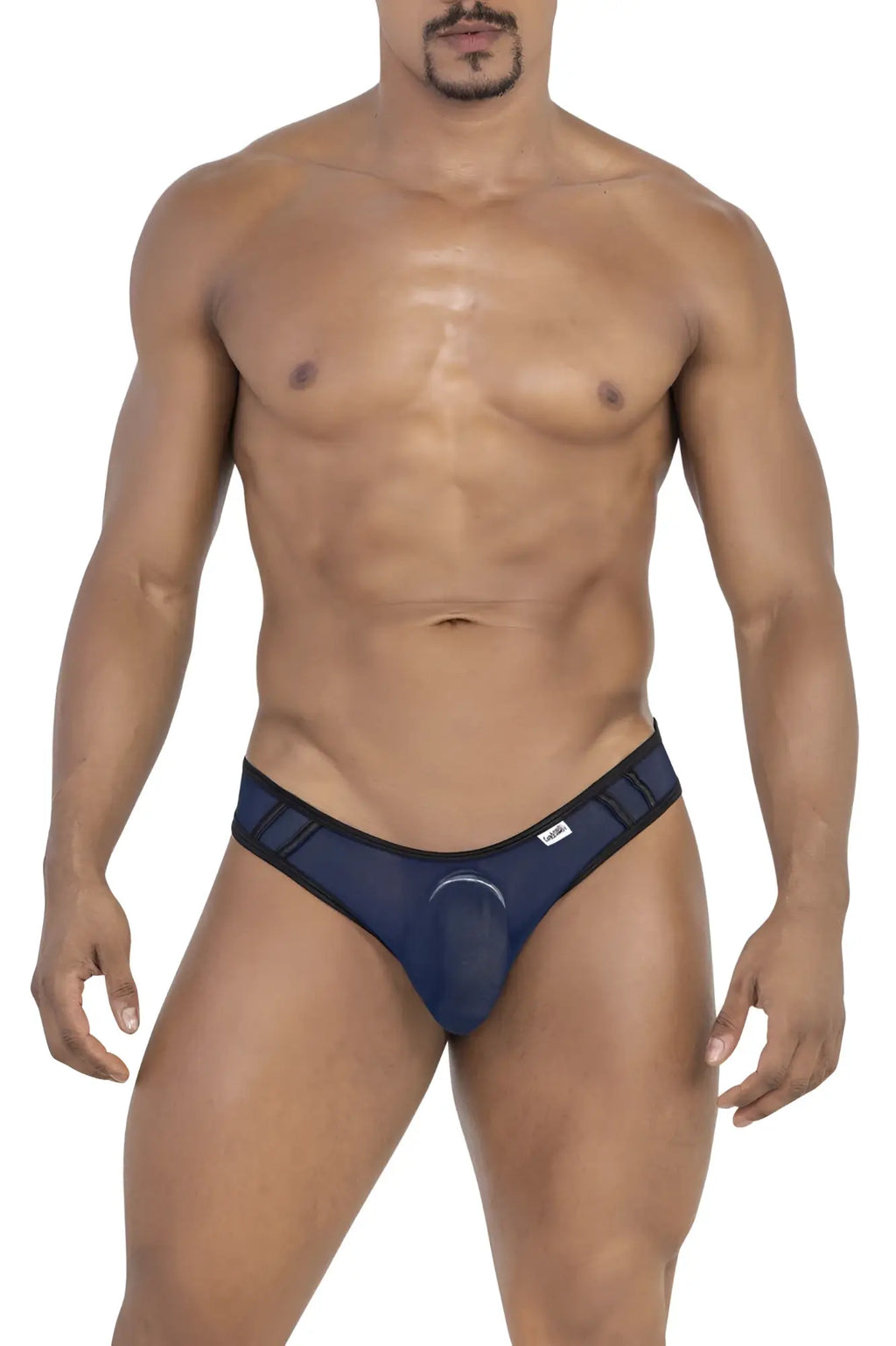 Navy blue CandyMan 99767 sports mesh briefs with black trim and central circular cutout in breathable fabric