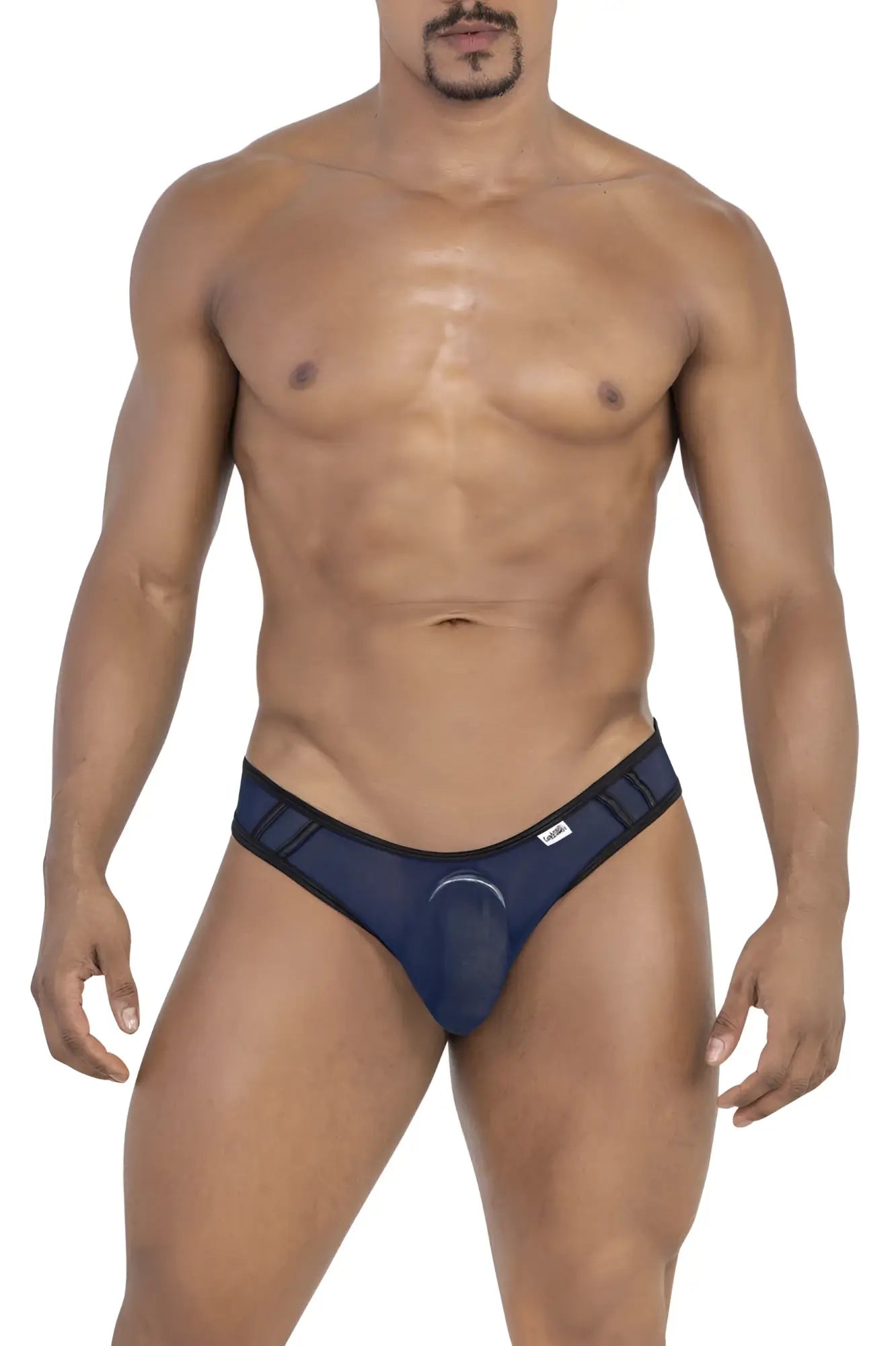 Navy blue CandyMan 99767 sports mesh briefs with black trim and central circular cutout in breathable fabric