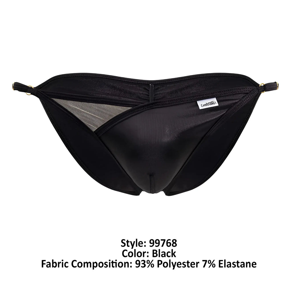 Candyman 99768 peekaboo bikini black mens briefs with shiny form-fitting exterior and mesh side paneling