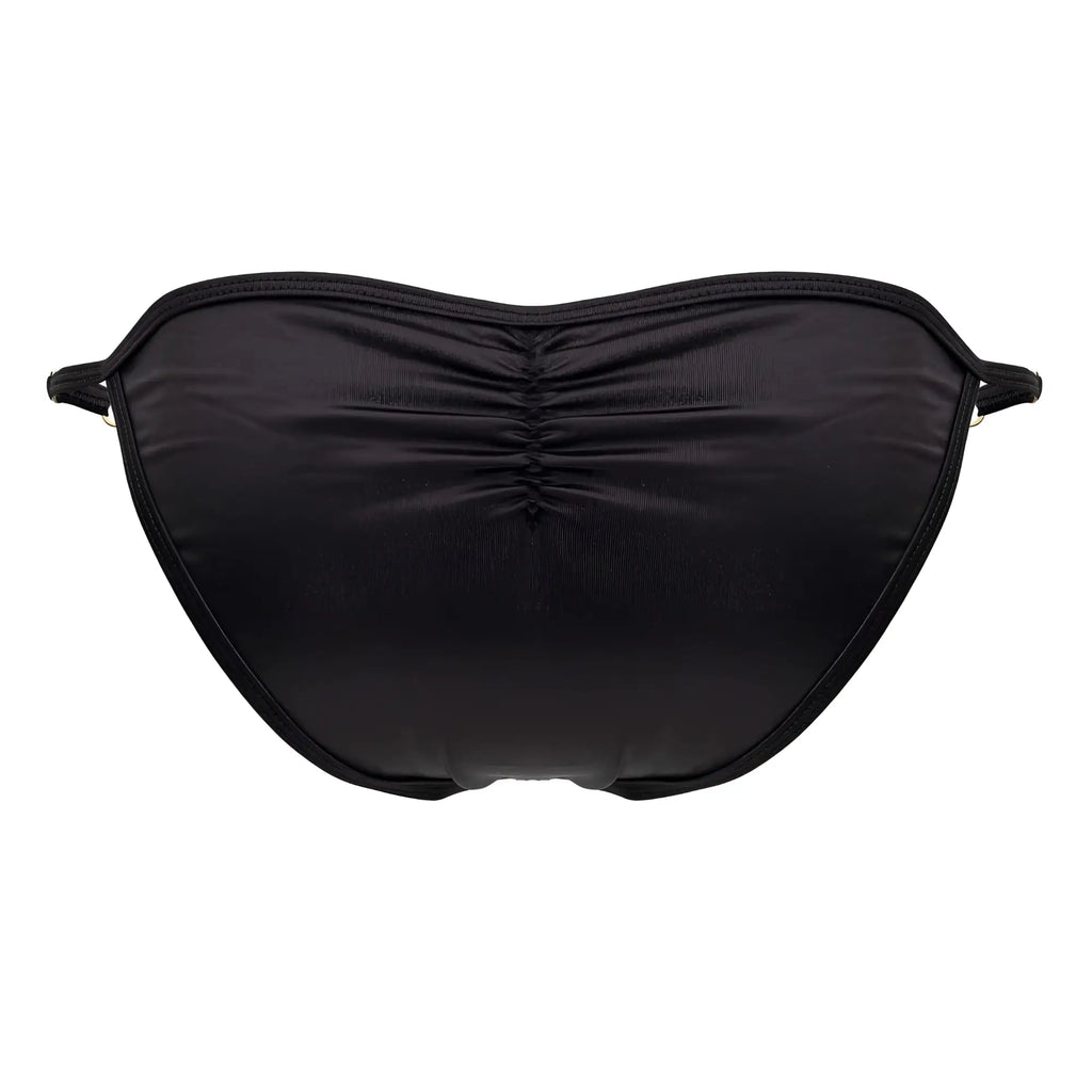 Black ruched candyMan 99768 peekaboo bikini bottom with smooth stretchy fabric and thin side ties visible from back