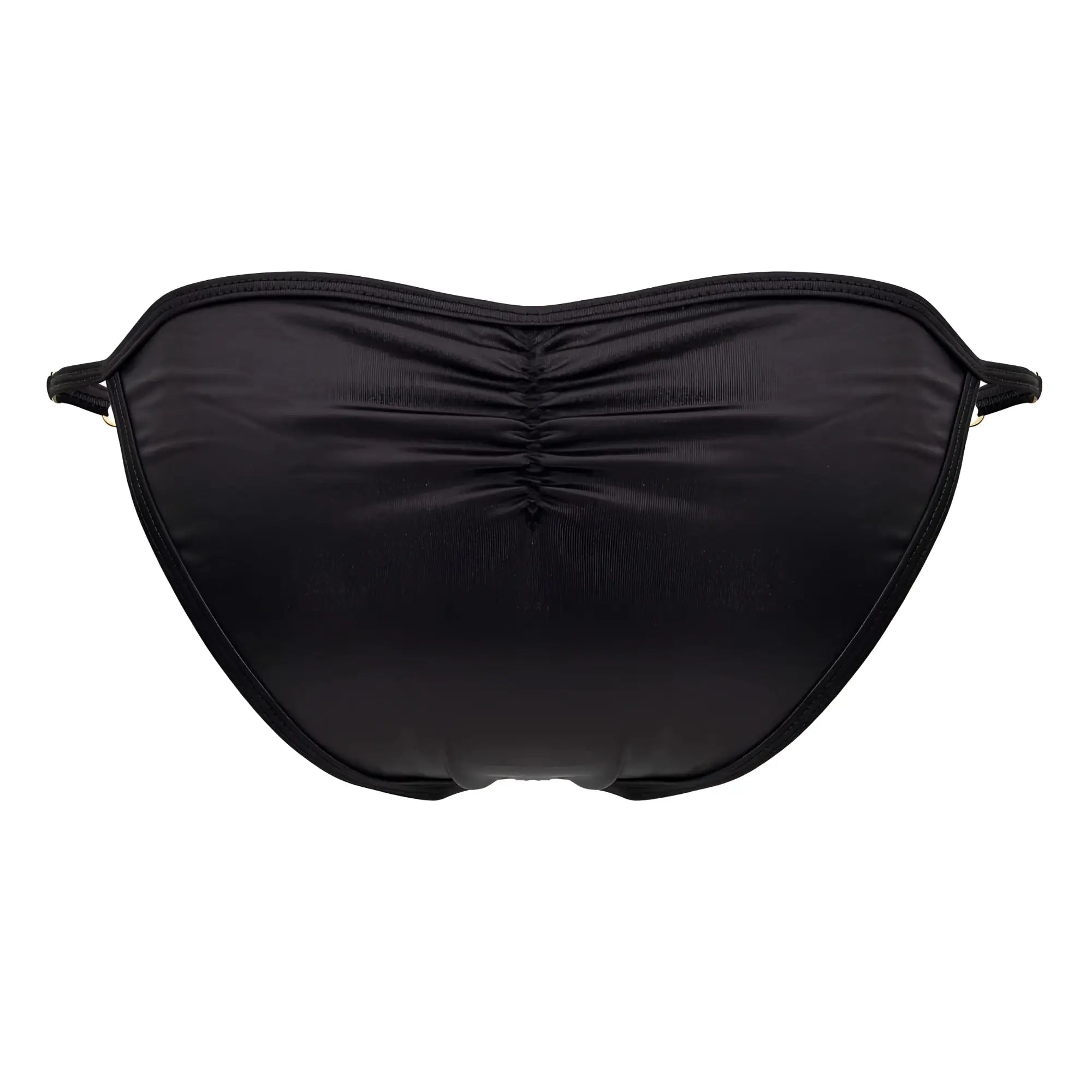Black ruched candyMan 99768 peekaboo bikini bottom with smooth stretchy fabric and thin side ties visible from back