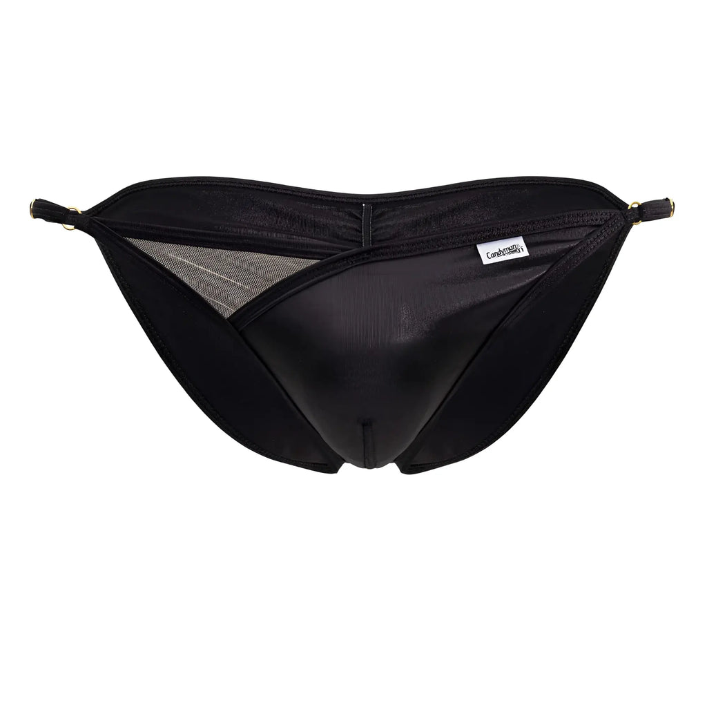 Black satin CandyMan 99768 peekaboo bikini briefs with mesh panel and gold-toned hardware in black color