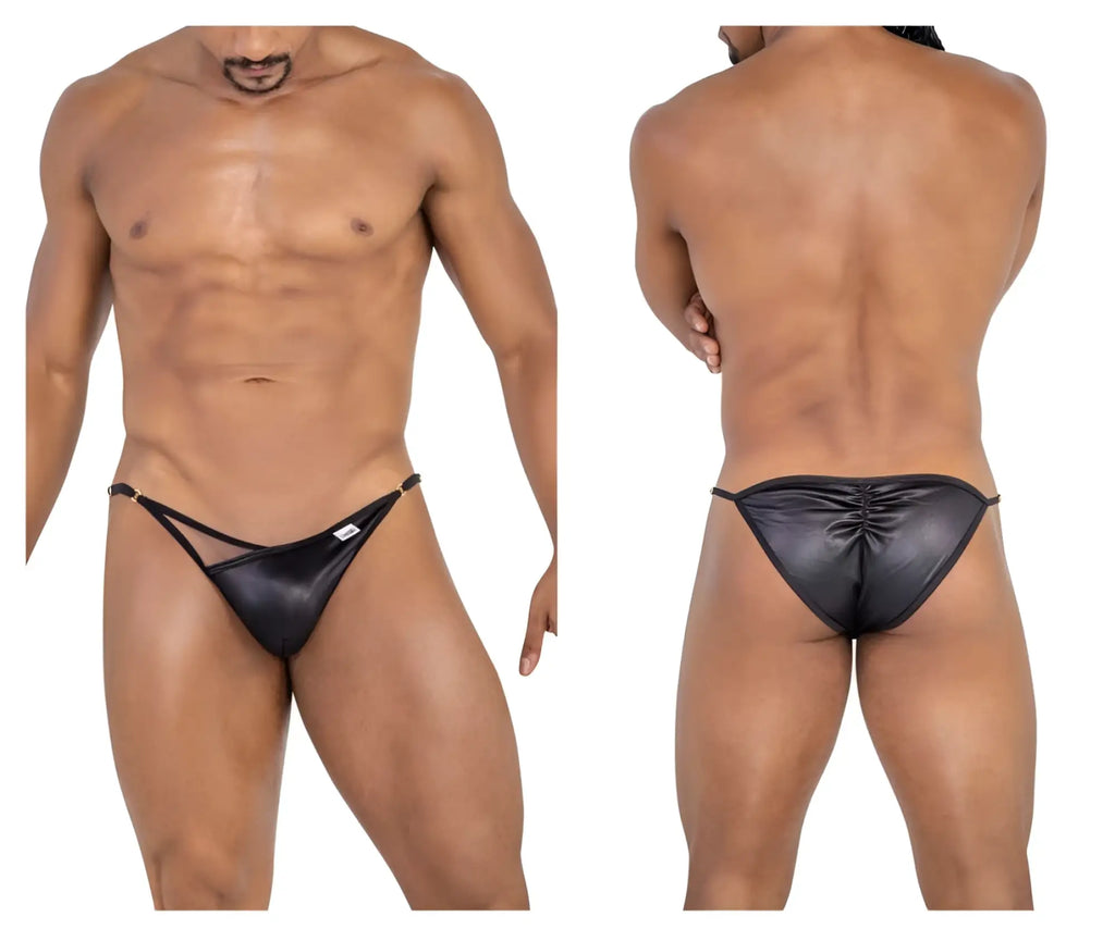 Black shiny faux leather thong bikini with ruched back and thin side ties from candyman 99768 peekaboo bikini collection