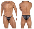 Black shiny faux leather thong bikini with ruched back and thin side ties from candyman 99768 peekaboo bikini collection