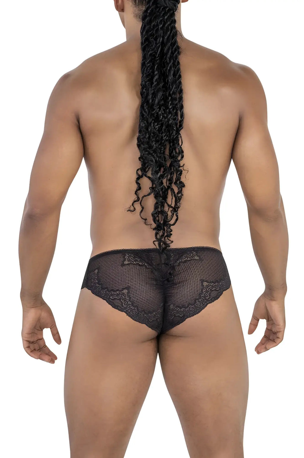 Black candyMan 99769 lace briefs featuring sheer mesh design with intricate patterned trim