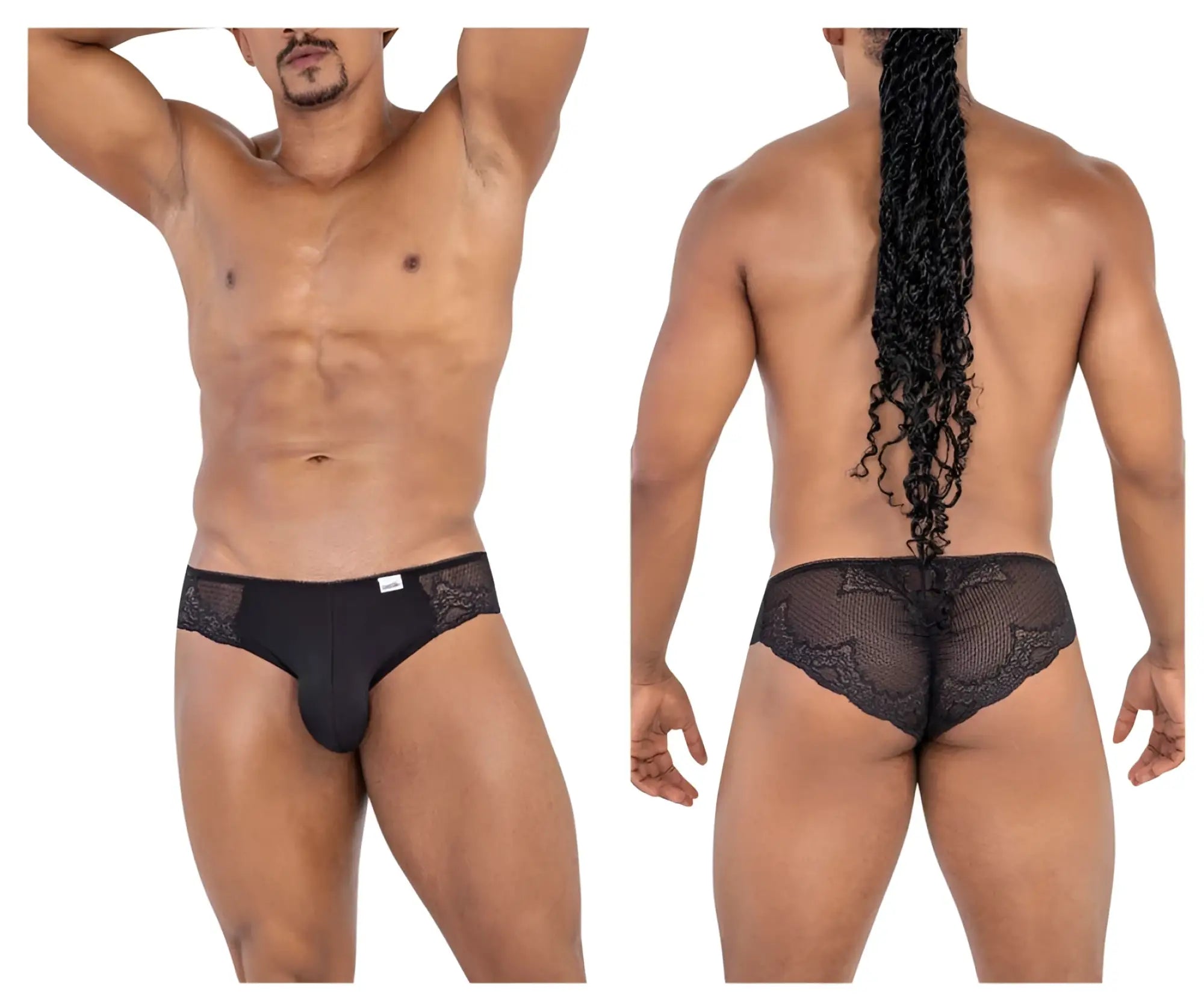Black candyman 99769 lace briefs showing mesh back panel and lace trim for men