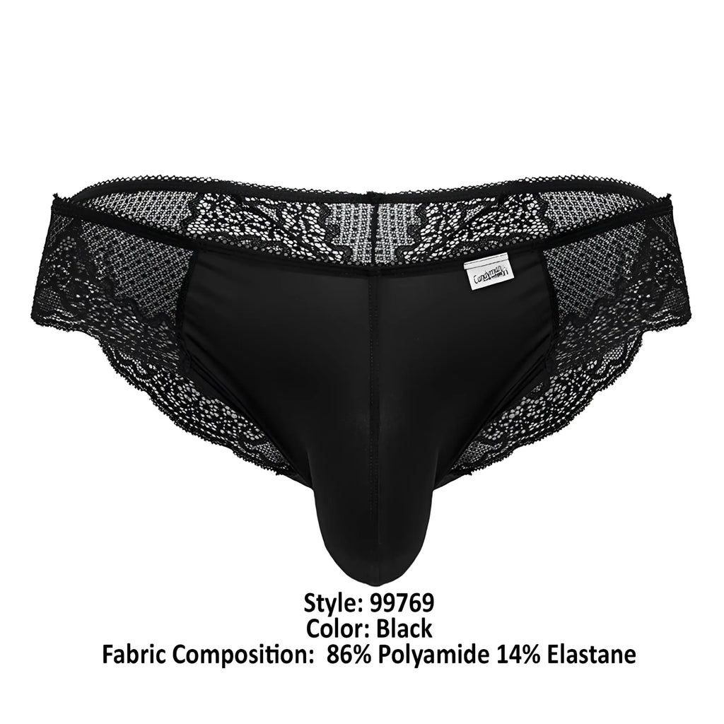 CandyMan 99769 black lace briefs for men feature a smooth, form-fitting design with lace trim detailing