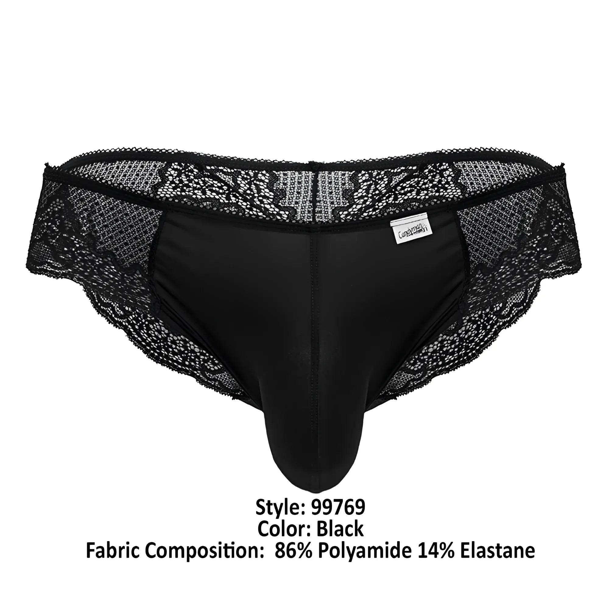 CandyMan 99769 black lace briefs for men feature a smooth, form-fitting design with lace trim detailing