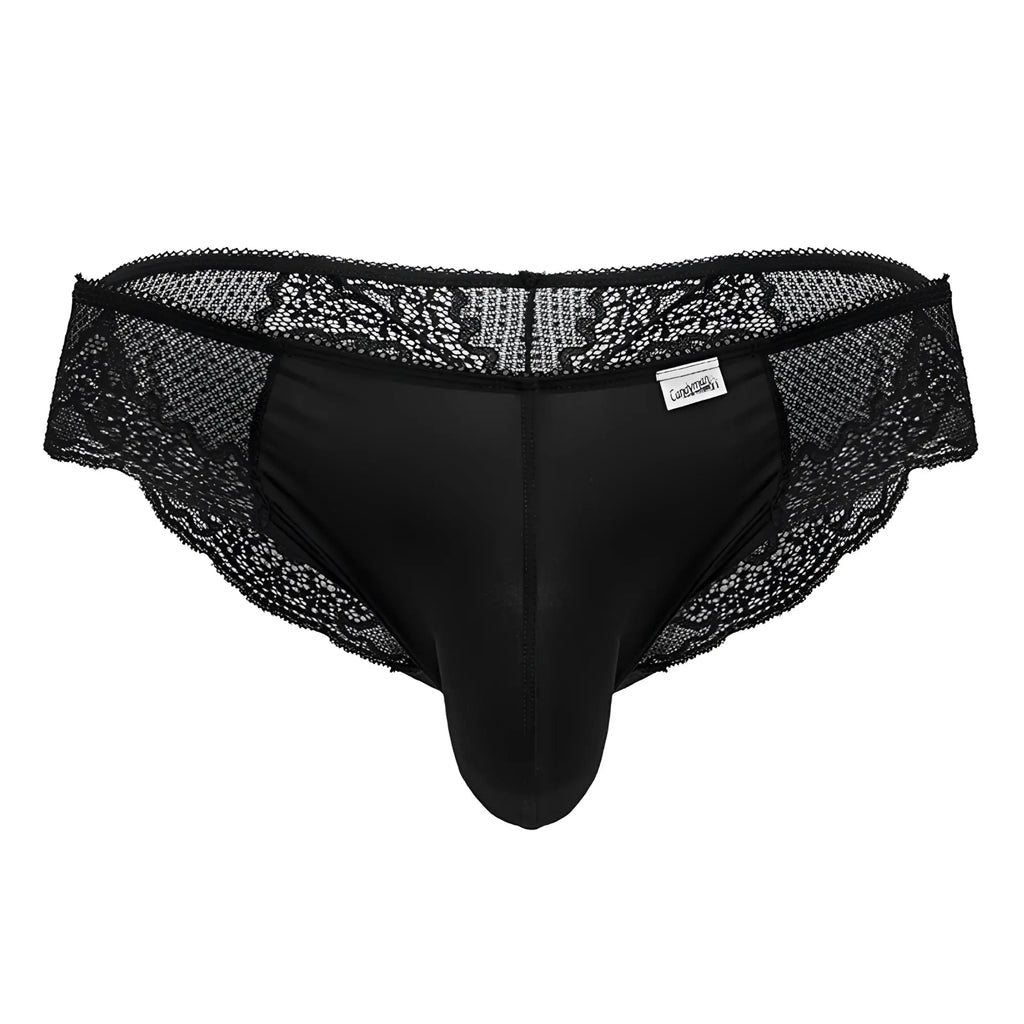 Black candy man 99769 lace briefs with satin body and floral embroidered lace waistband for men