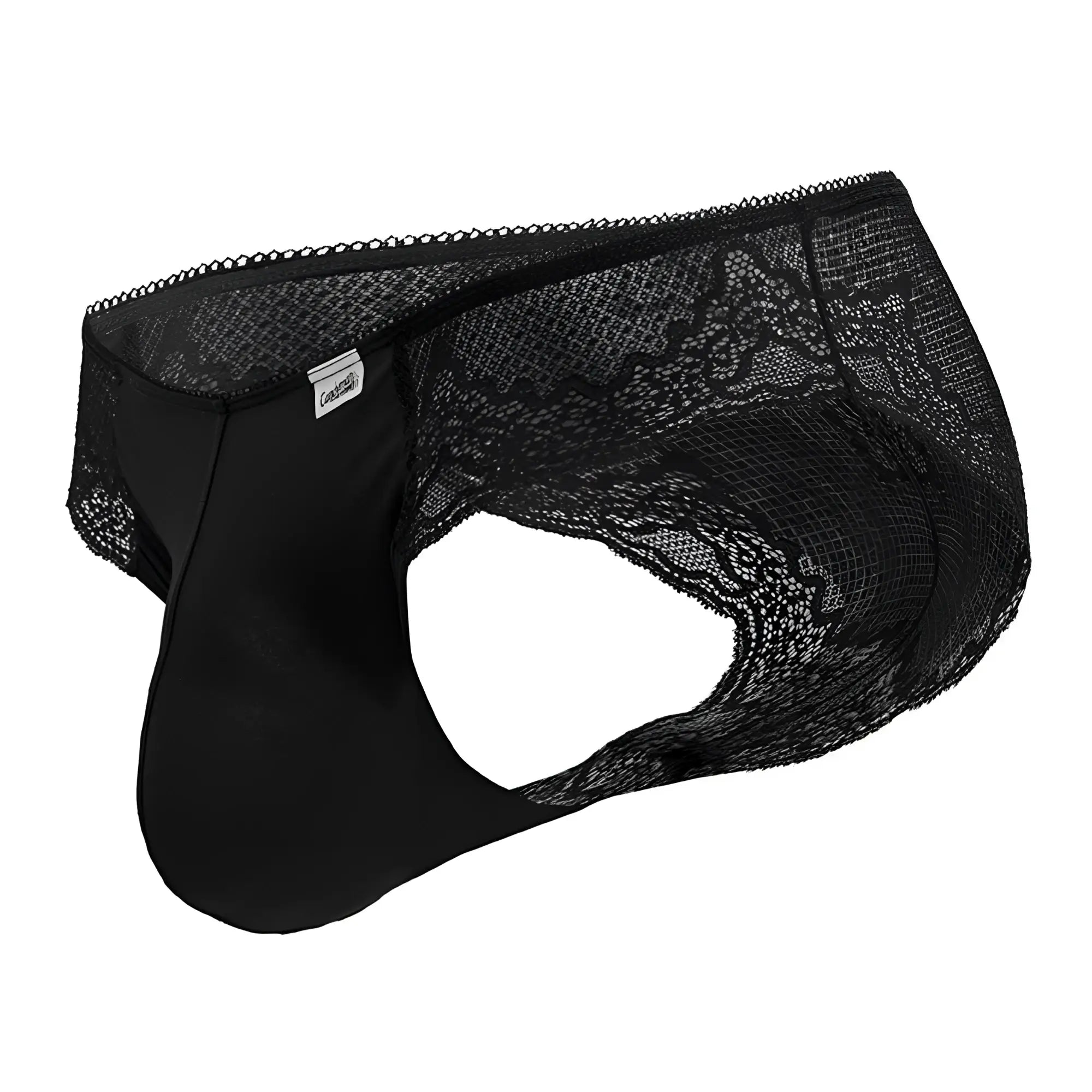 CandyMan 99769 black lace briefs for men with smooth front fabric and intricate floral lace trim on the sides