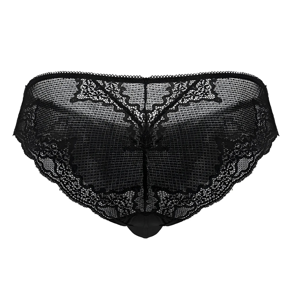 Black candyMan 99769 lace briefs featuring intricate floral patterns on a sheer mesh base underwear
