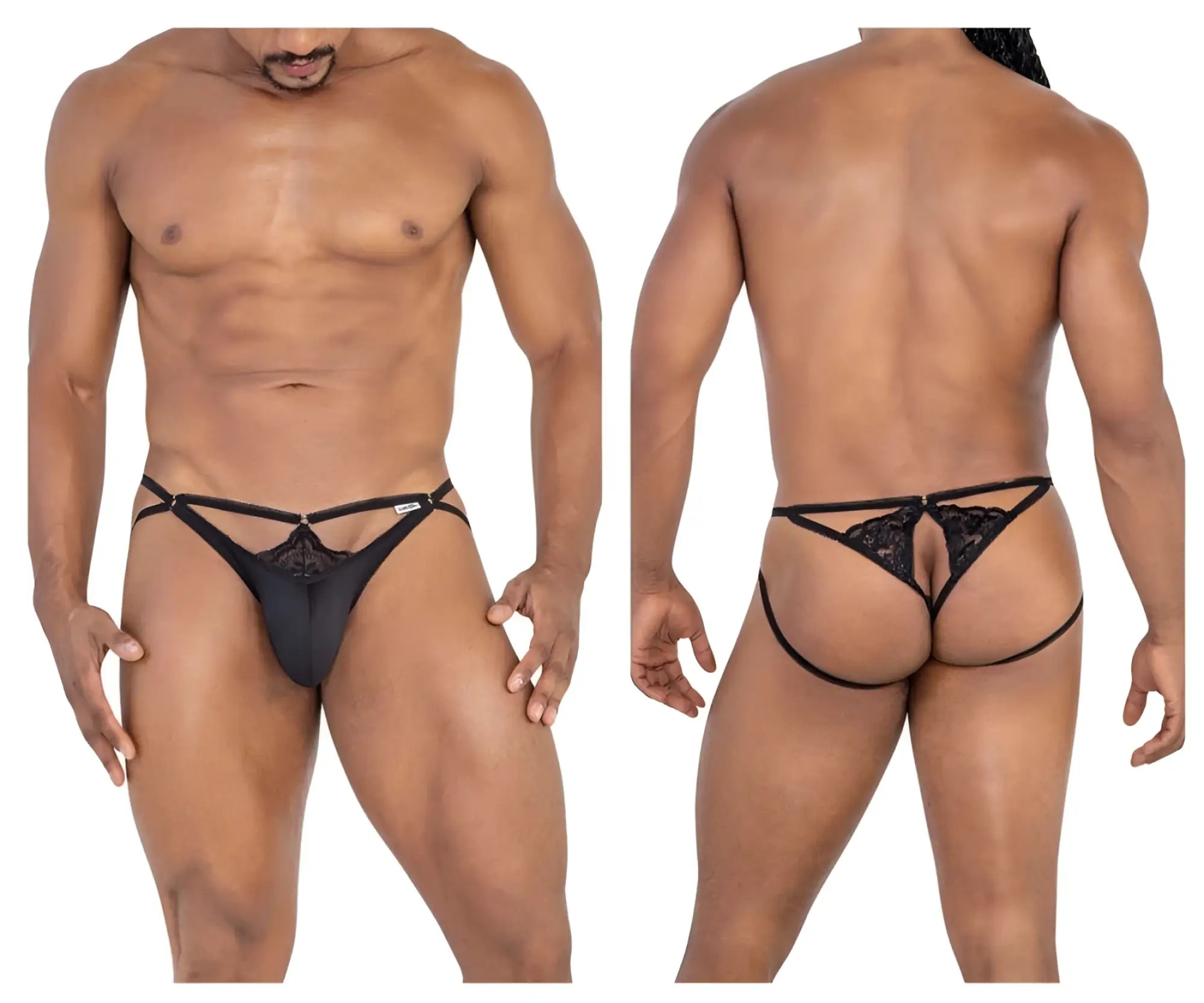 Black lace thong with central decorative panel and side straps from candyman 99770 lace jock thongs in black