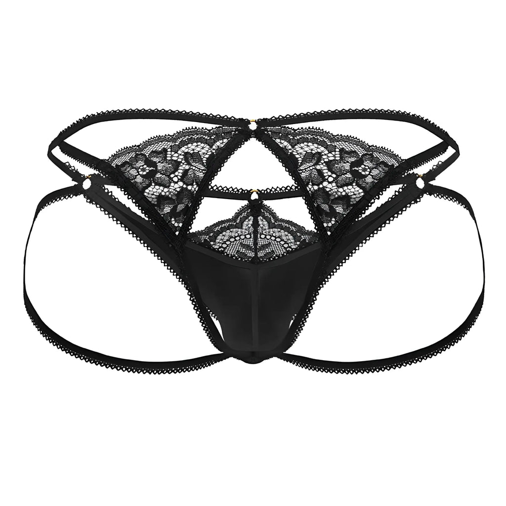 Black CandyMan 99770 lace jock thong with intricate floral patterns and satin-like fabric