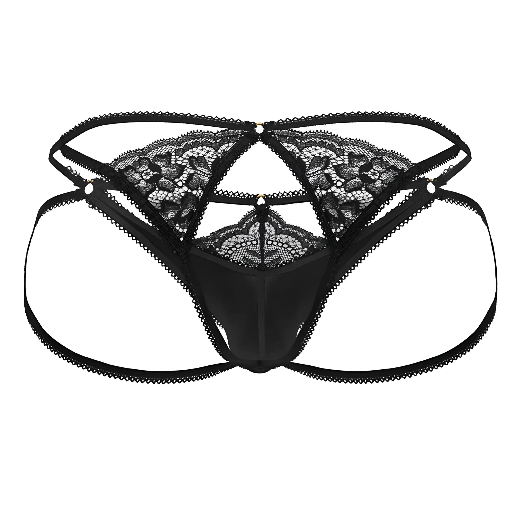 Black CandyMan 99770 lace jock thong with intricate floral patterns and satin-like fabric