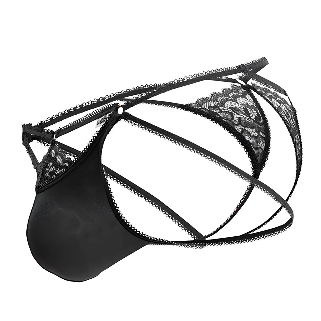 CandyMan 99770 black lace-trimmed men’s lace jock thongs with solid front panel and crisscrossing straps