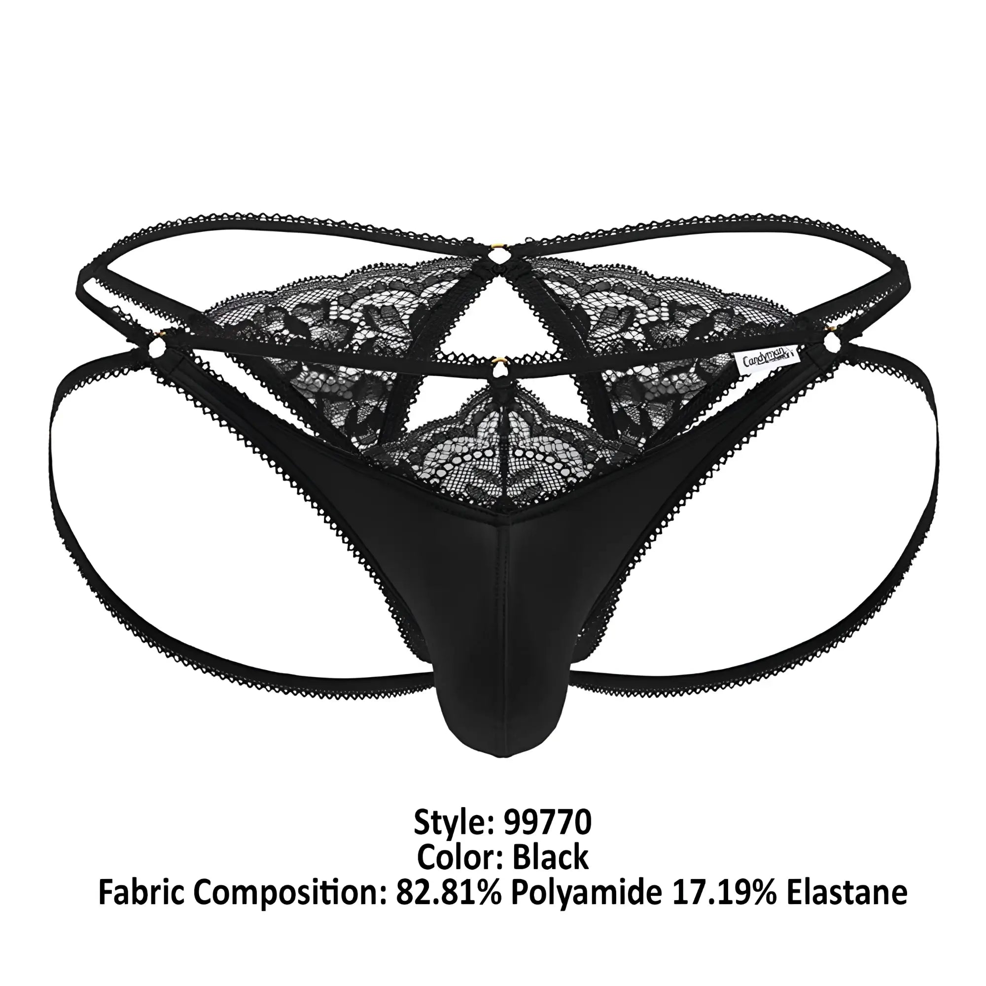 Black lace-trimmed thong with central floral pattern and adjustable straps from candyman 99770 lace jock thongs