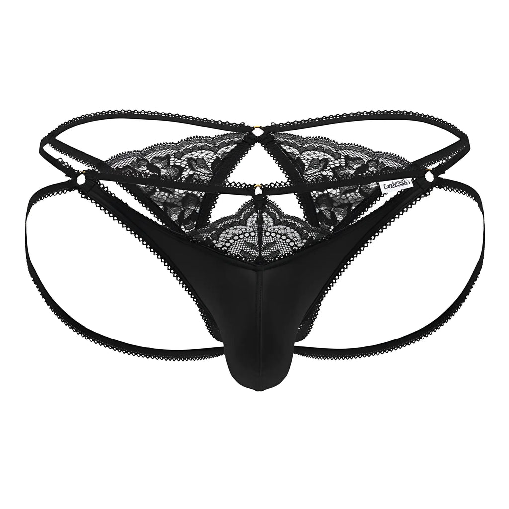 Black lace-trimmed thong candy man 99770 with satin front panel and crisscross back straps shown from back side