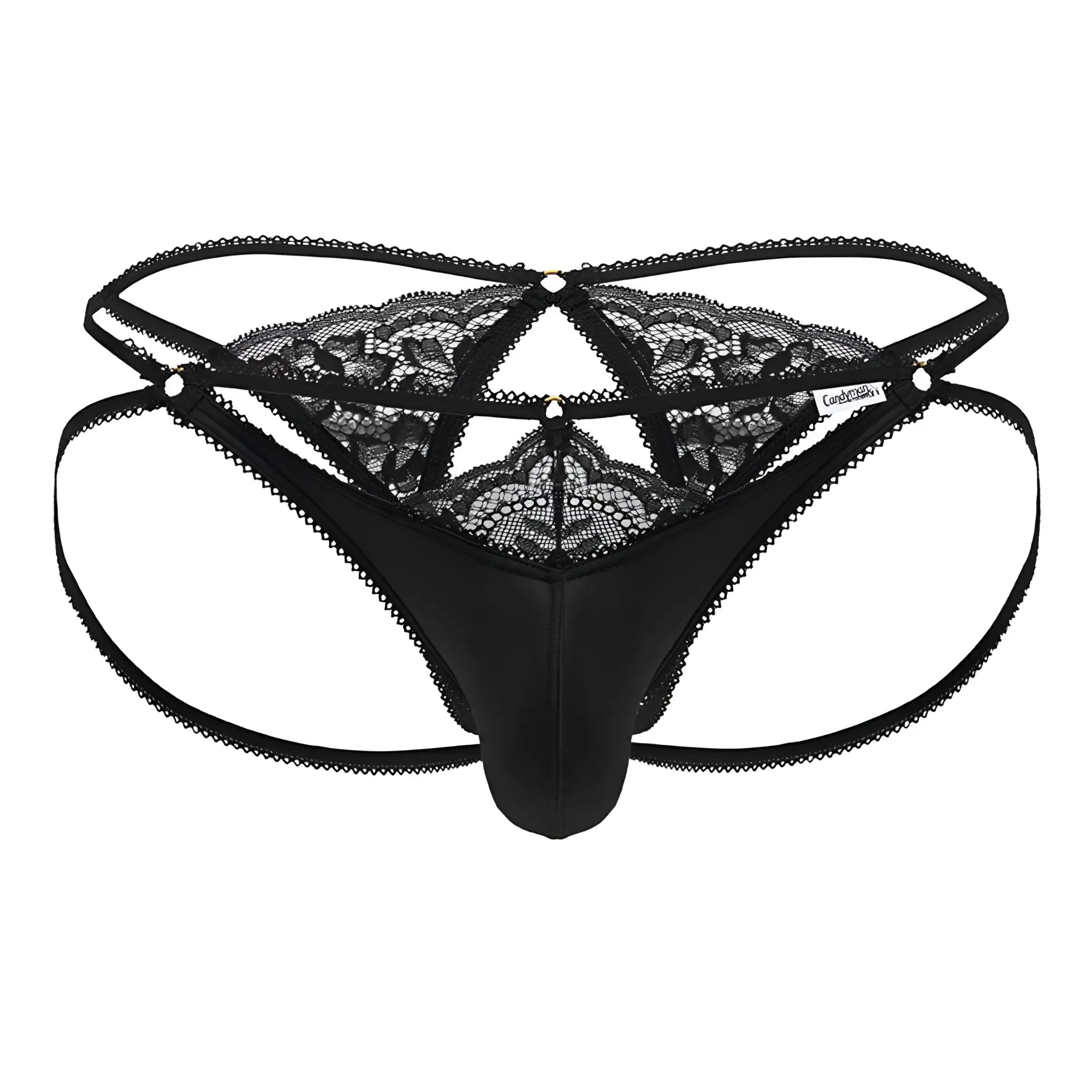 Black lace-trimmed thong candy man 99770 with satin front panel and crisscross back straps shown from back side