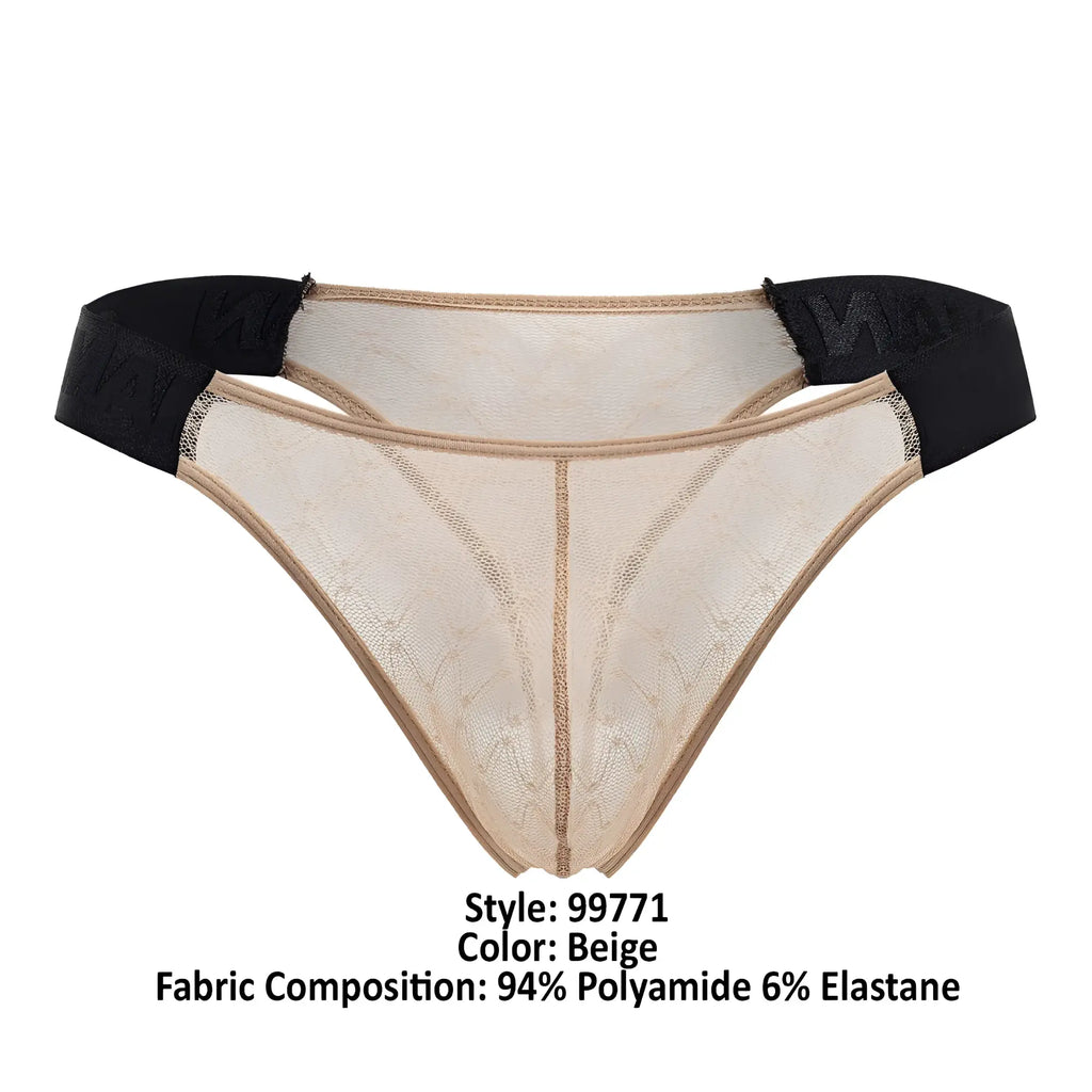 Beig lace thong with black elastic waistband made of mesh from candyMan 99771 collection shown from front