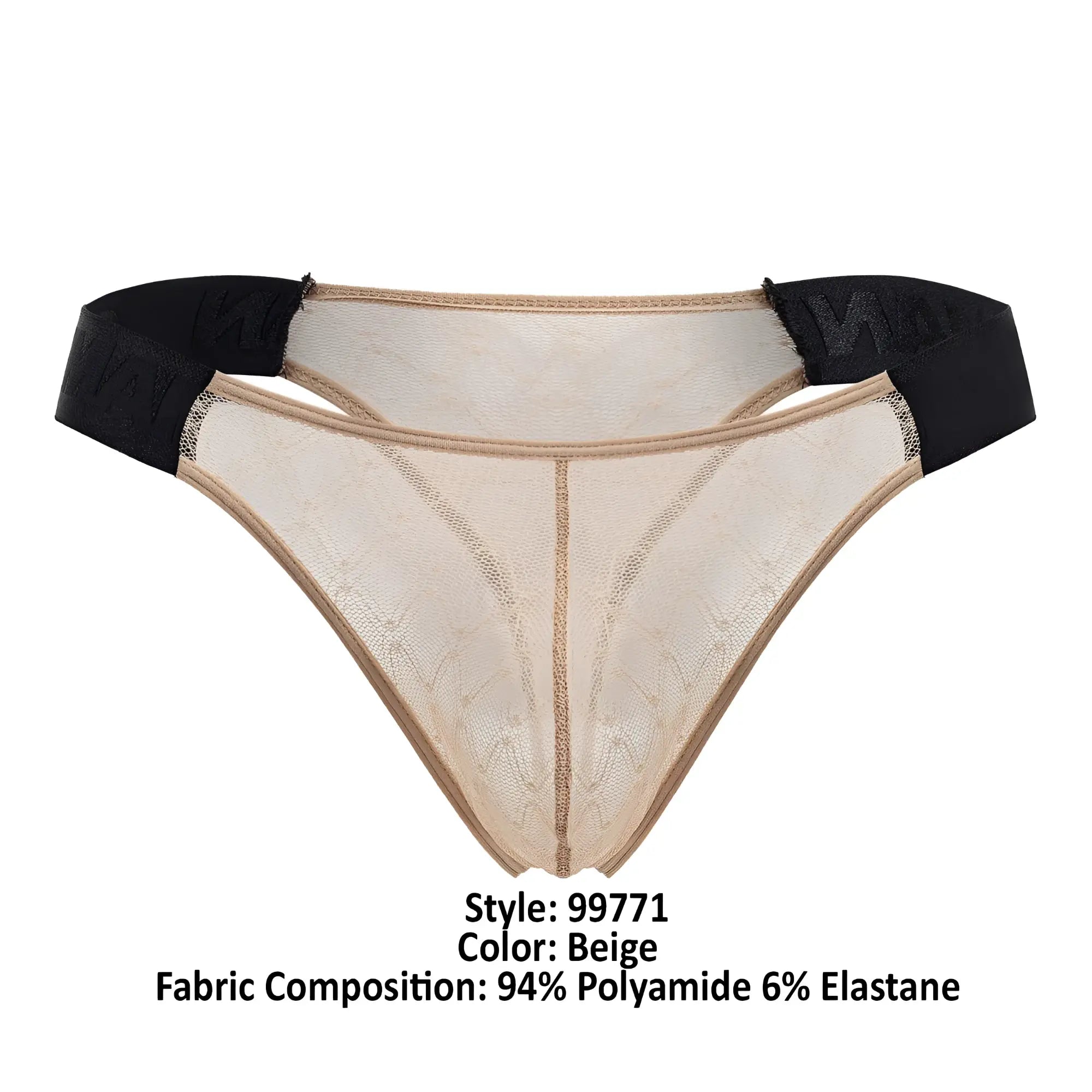Beig lace thong with black elastic waistband made of mesh from candyMan 99771 collection shown from front