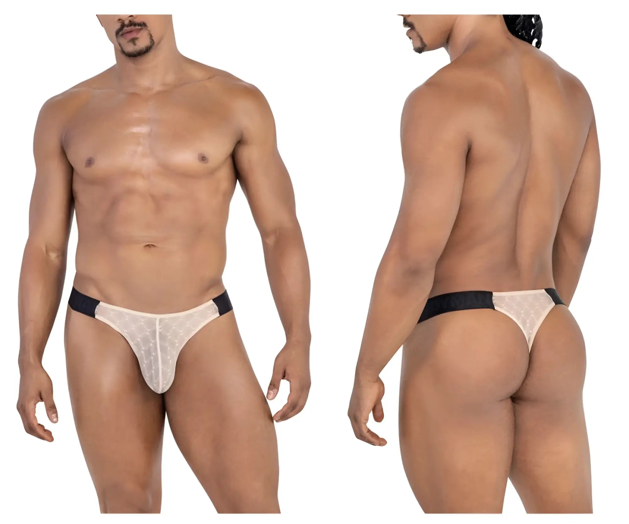 Beigelace thong with black elastic waistband from candyman 99771 mesh thongs collection front view