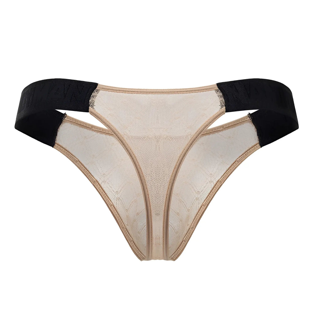 Beigelace thong with black elastic waistband from candyman 99771 mesh thongs in beige color front view