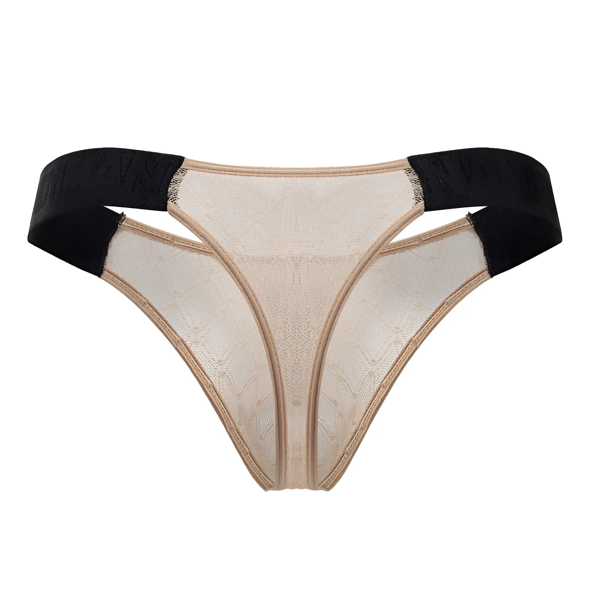 Beigelace thong with black elastic waistband from candyman 99771 mesh thongs in beige color front view