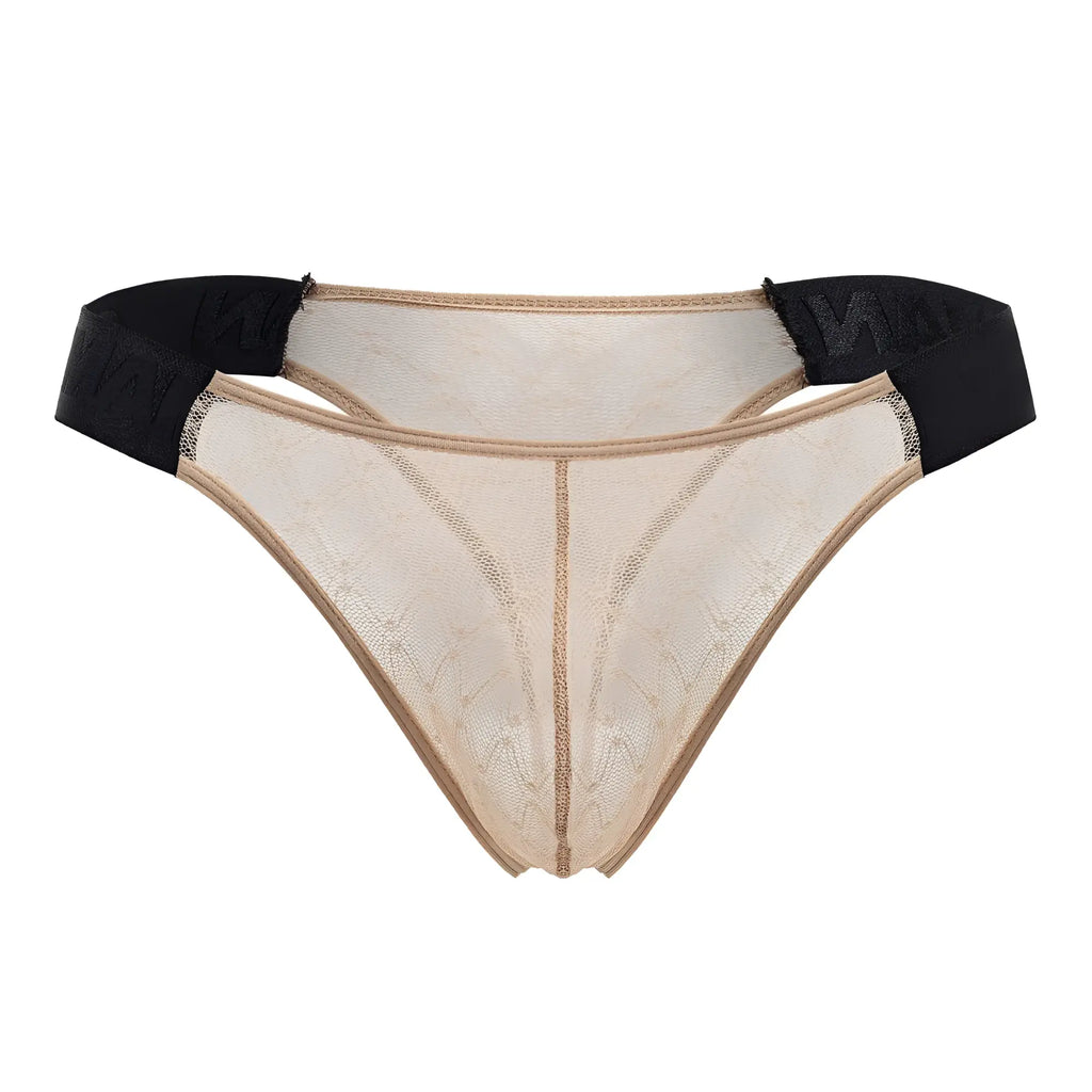 Beige lace thong with black elastic waistband from candyman 99771 mesh thongs collection showing front view