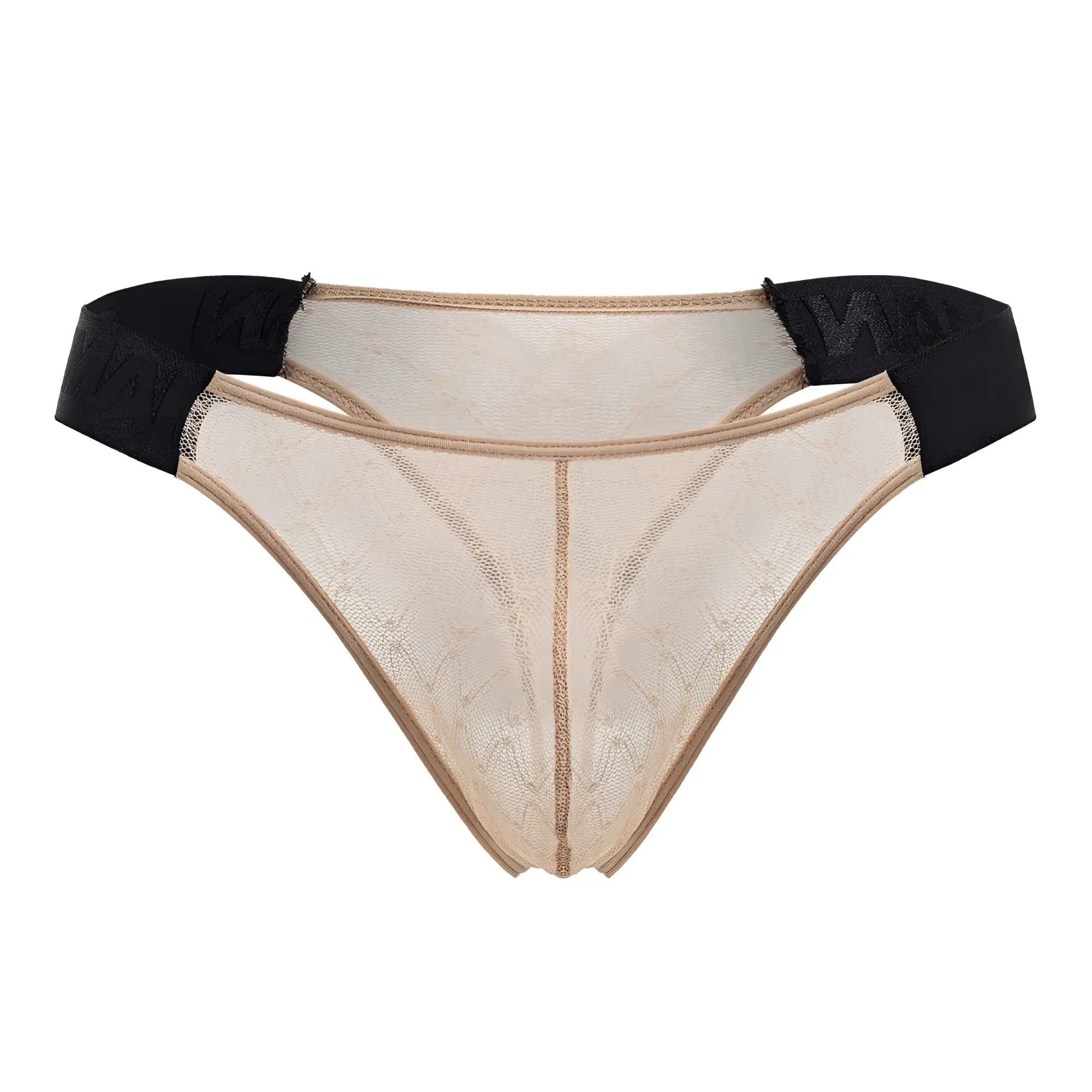 Beige lace thong with black elastic waistband from candyman 99771 mesh thongs collection showing front view