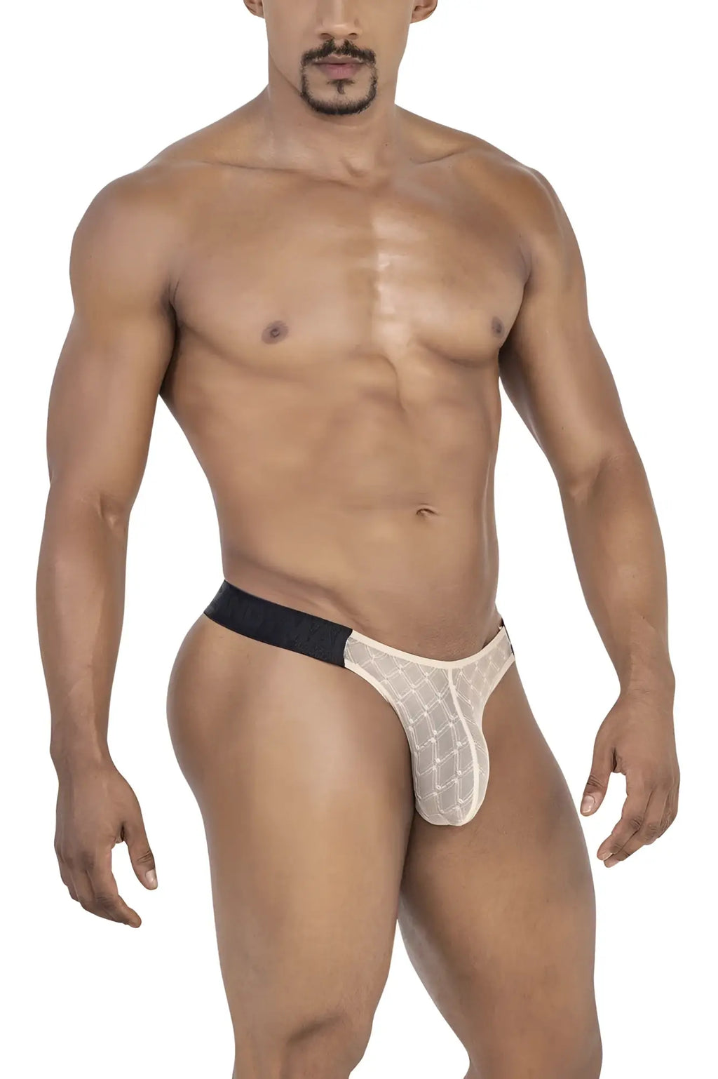 Beige lace mesh thong with black waistband from candyman 99771 showing delicate sheer material and slim fit