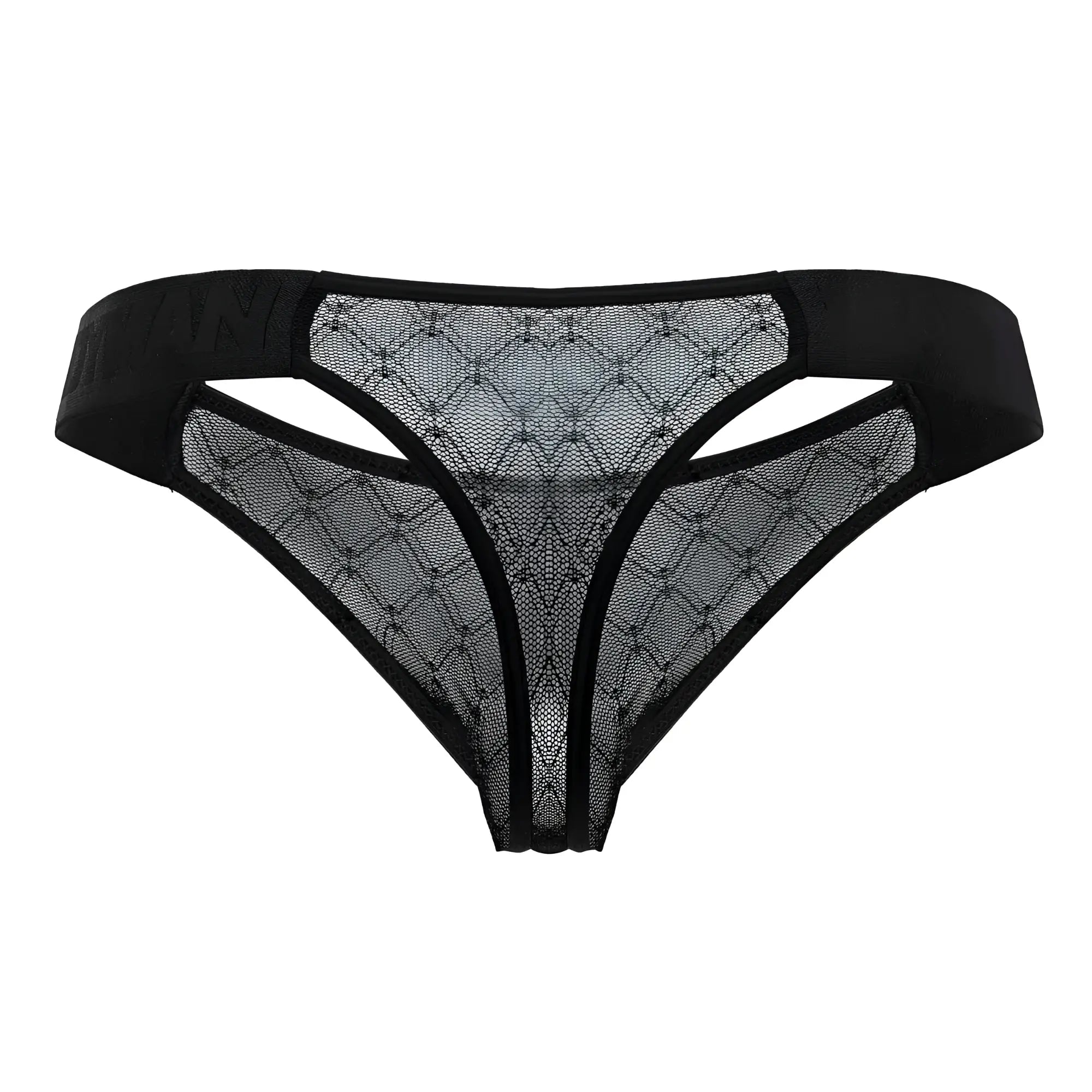 Black candyMan 99771 thong with diamond-patterned mesh and solid elastic waistband for comfortable wear