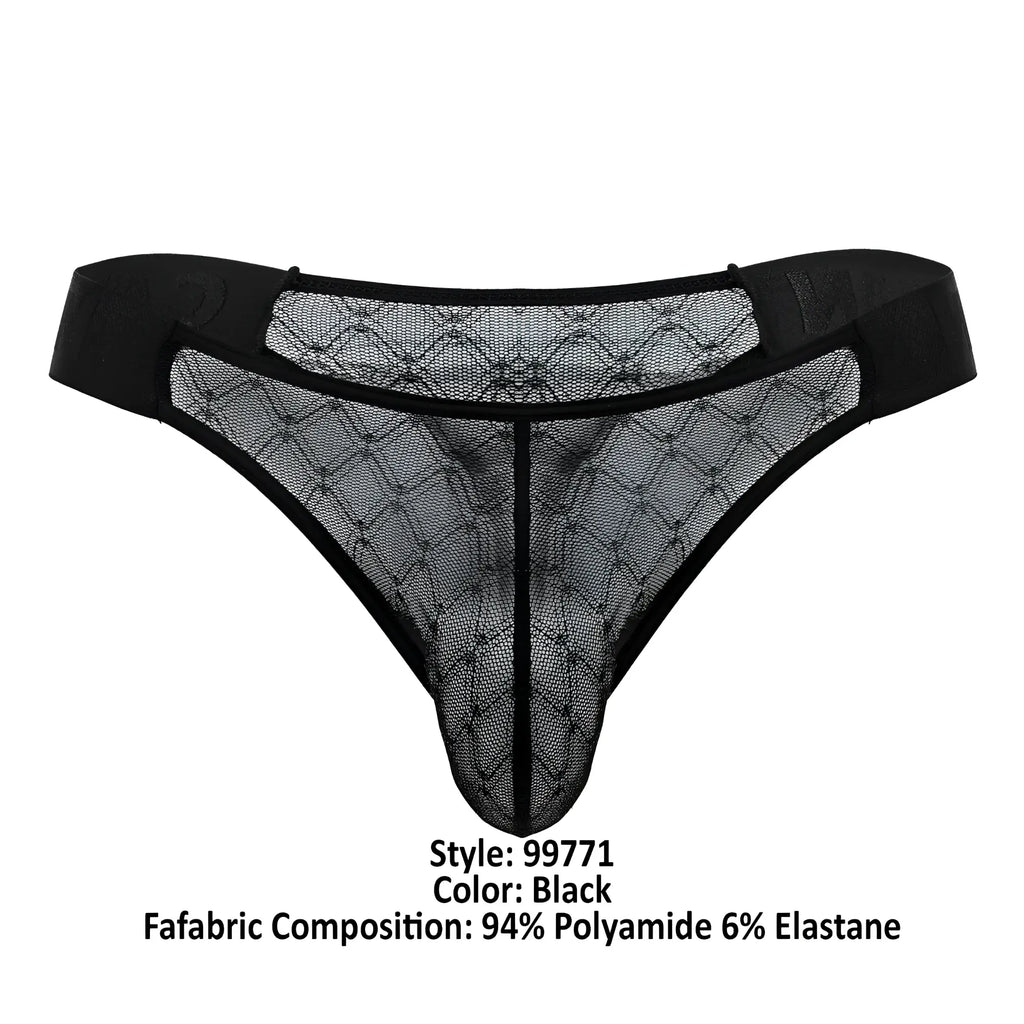 Black lace thong candyMan 99771 with diamond-patterned mesh design and elastic waistband in black color