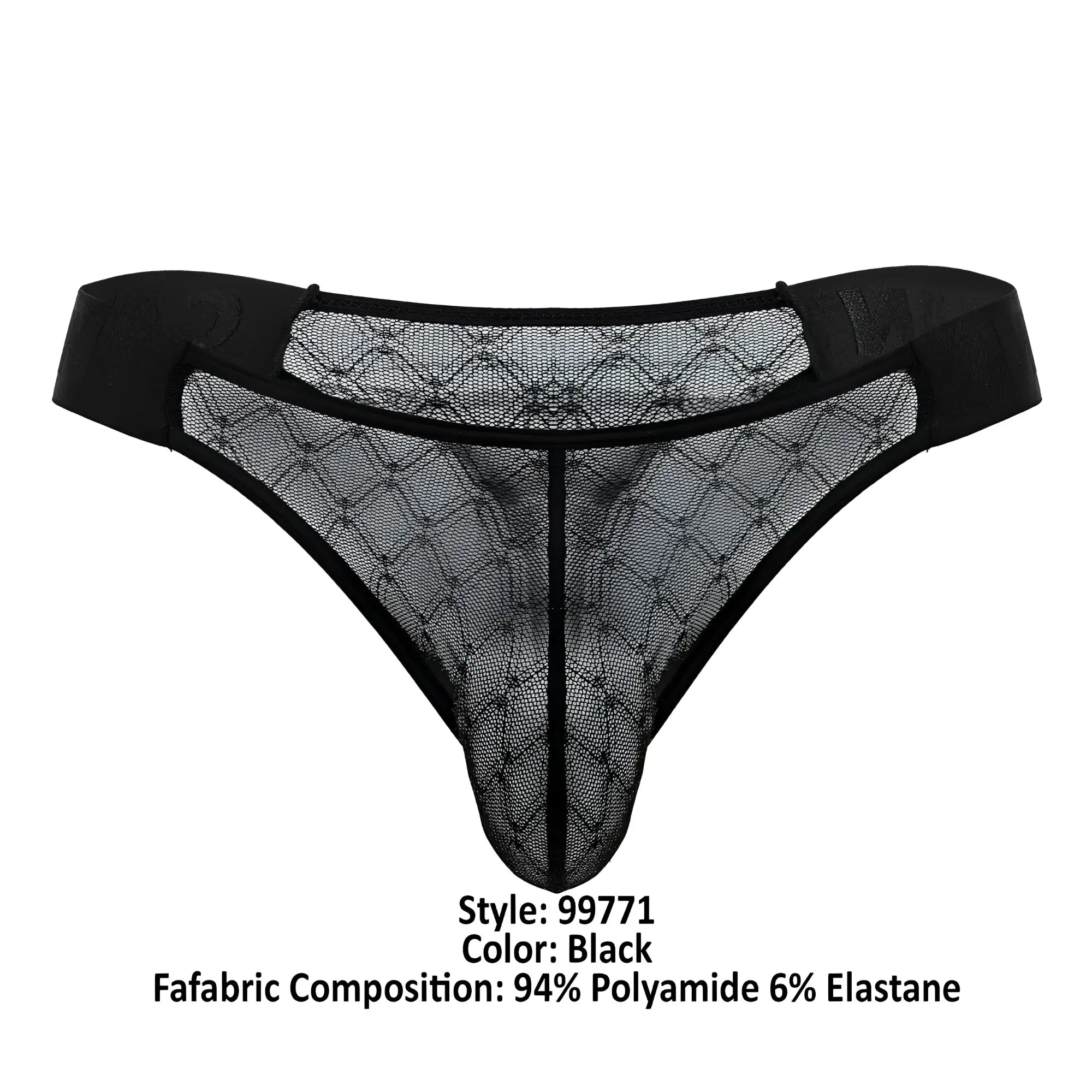 Black lace thong candyMan 99771 with diamond-patterned mesh design and elastic waistband in black color
