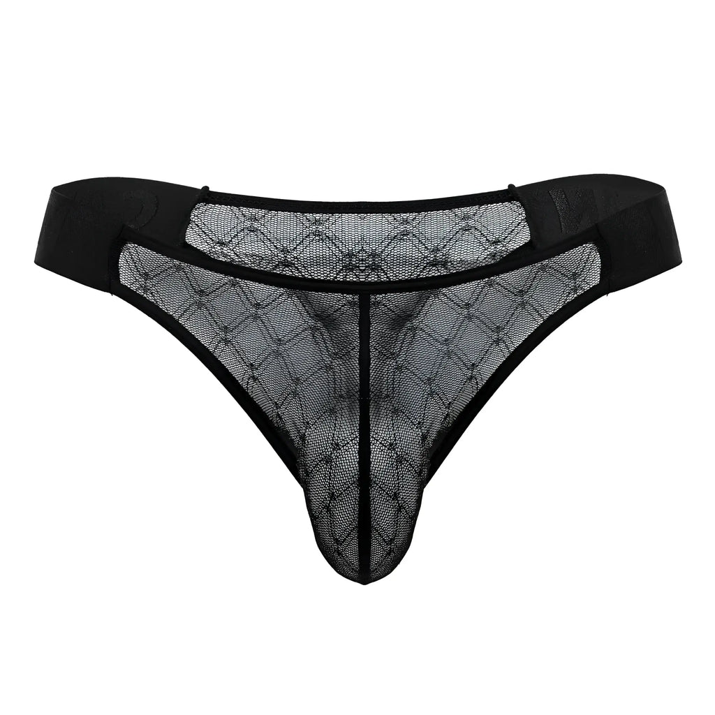 Black candyMan 99771 mesh thong with diamond-patterned lace and solid fabric waistband shown from the back side