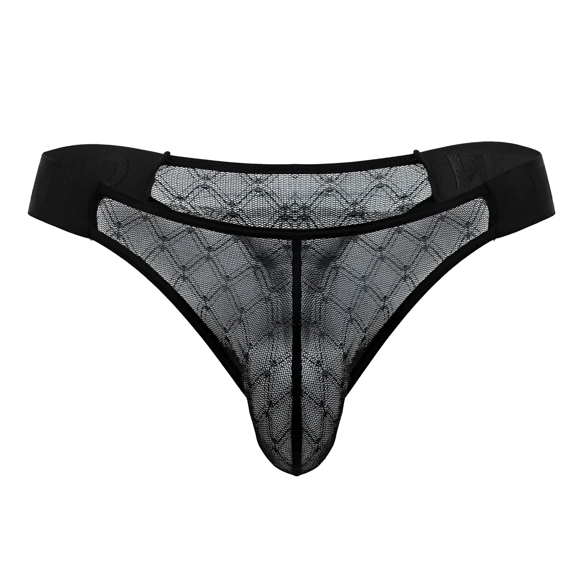 Black candyMan 99771 mesh thong with diamond-patterned lace and solid fabric waistband shown from the back side