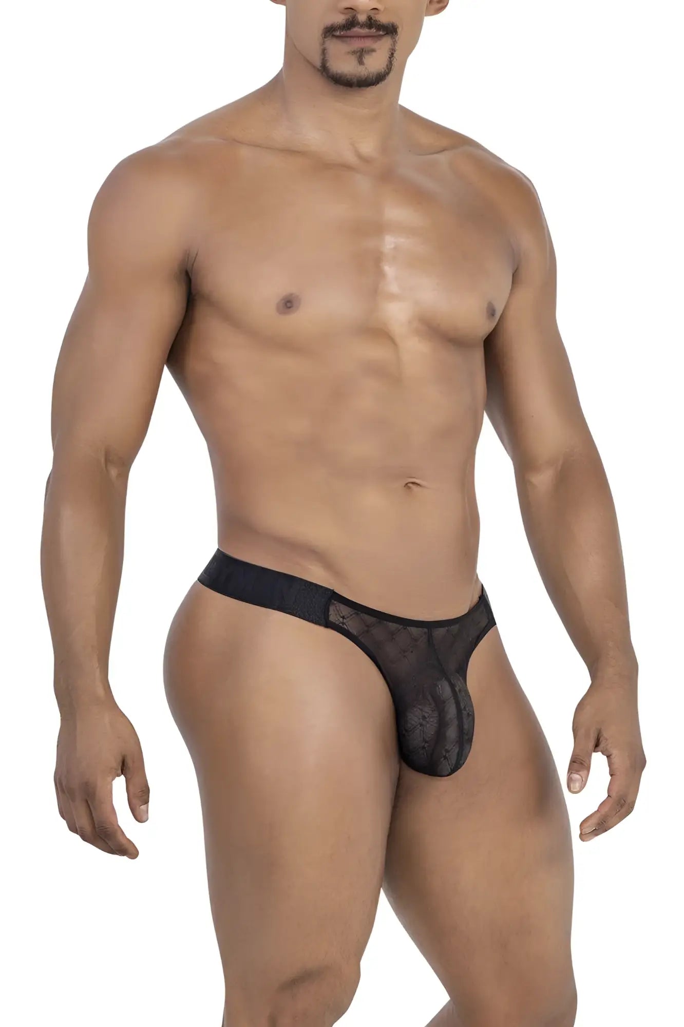 Black lace thong candy man 99771 with sheer patterned mesh and solid waistband in black shown from the back