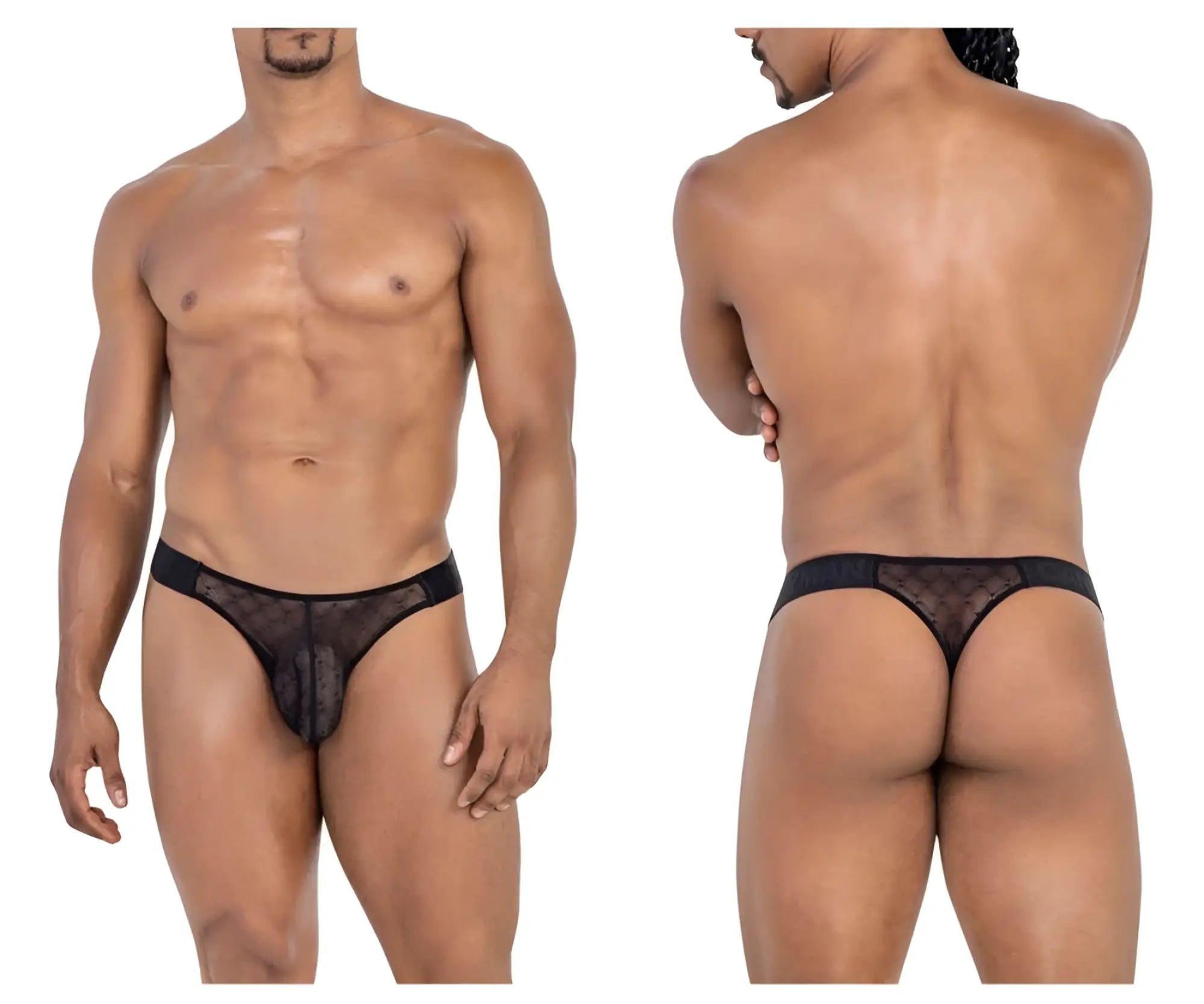 Black sheer mesh thong candy man 99771 with solid black waistband and subtle patterned detailing visible from front