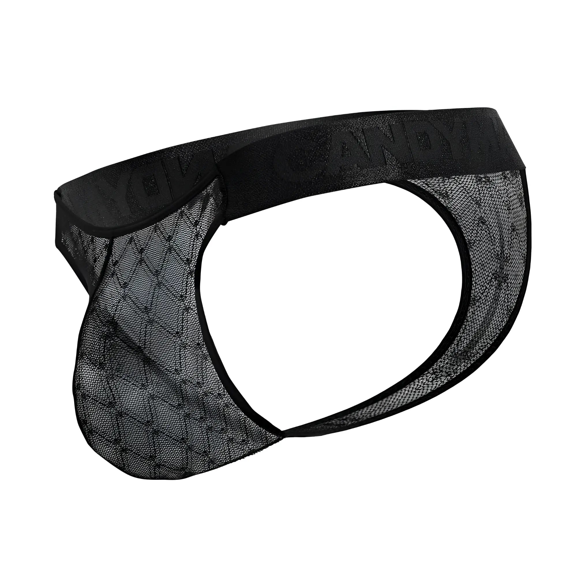 Black CandyMan 99771 mesh briefs with a solid elastic waistband embossed with the brand name yonando