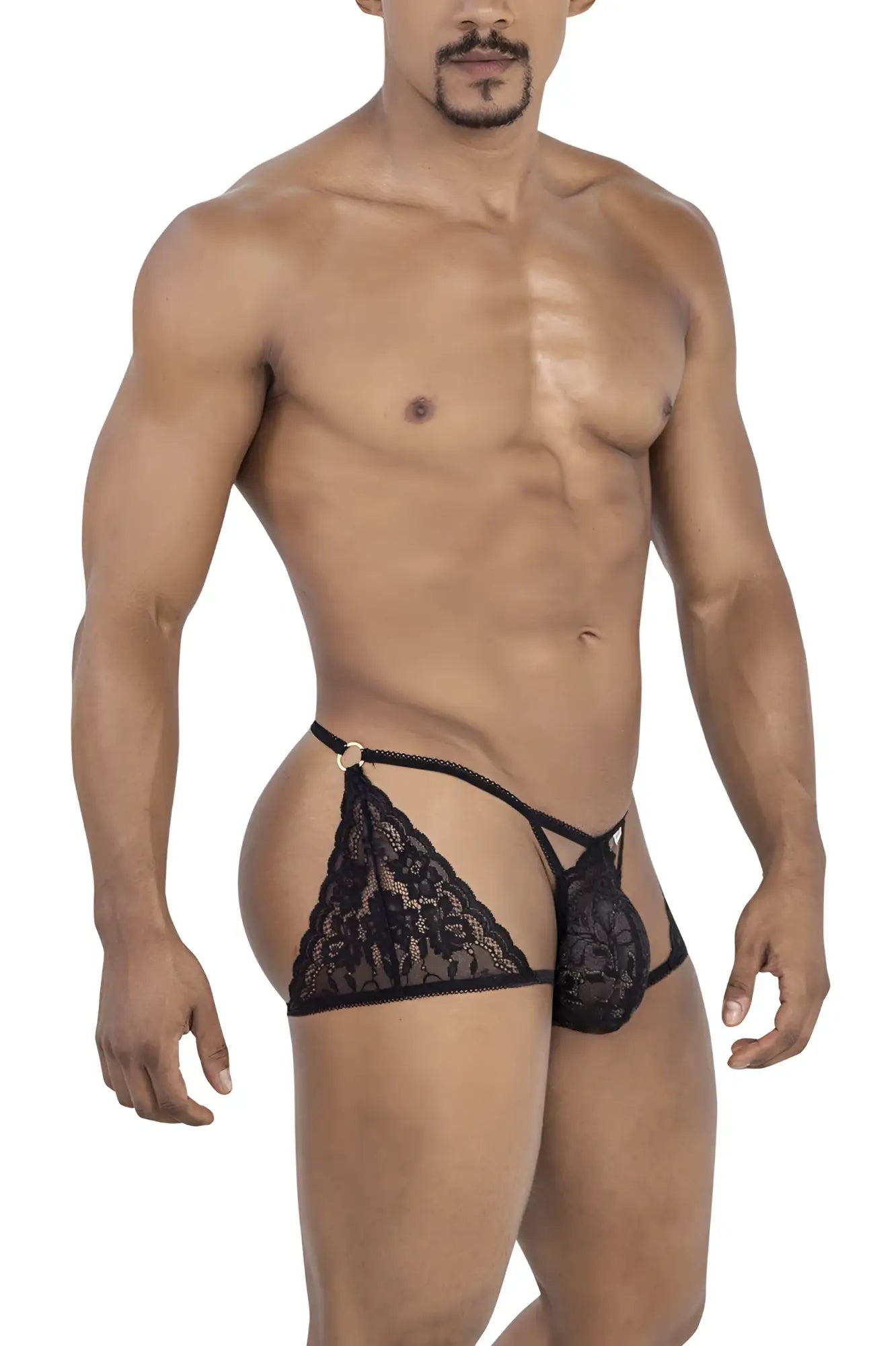 Black lace thong candyMan 99773 with intricate floral patterns and gold-toned metal clasp