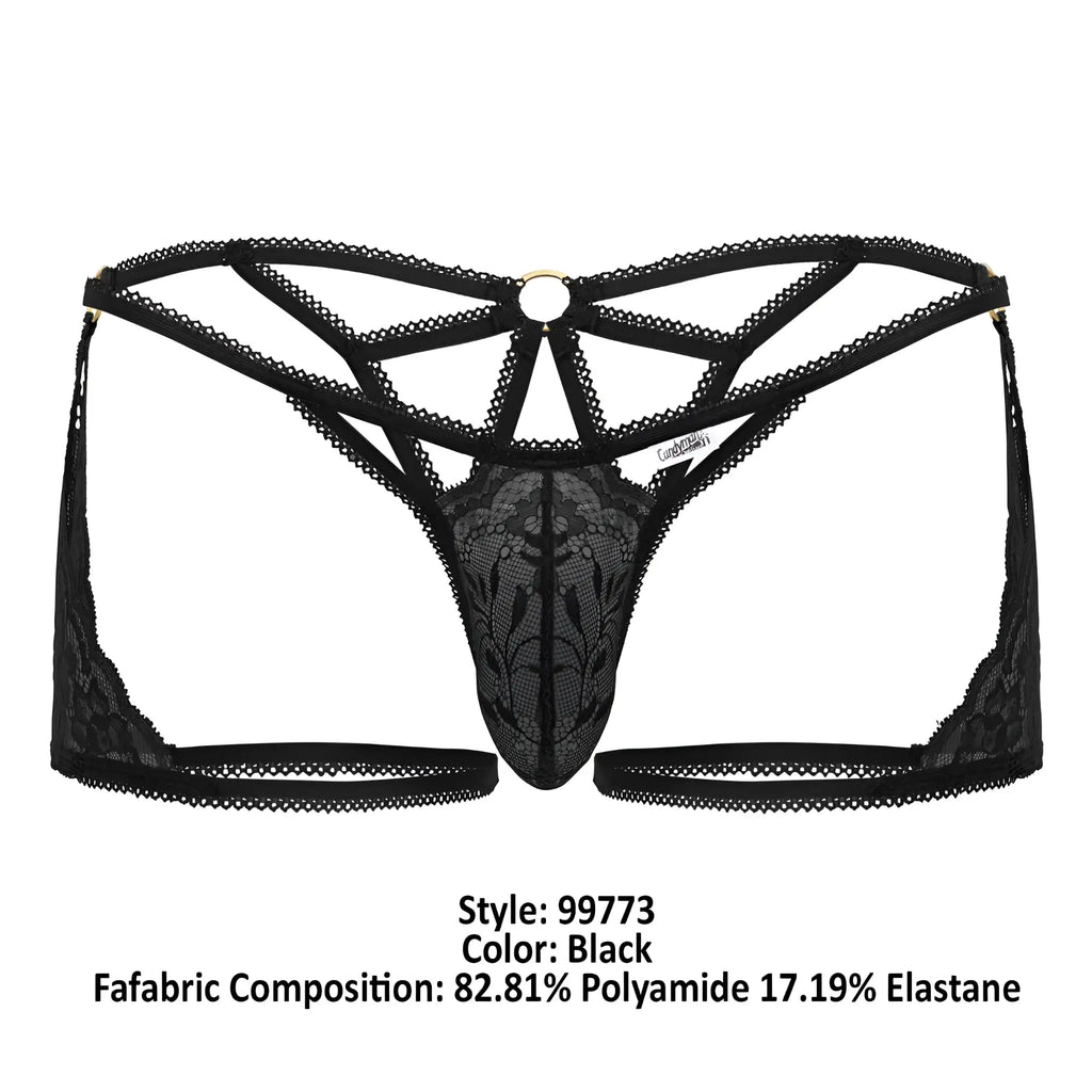 Black lace thong CandyMan 99773 lace trunks thongs with intricate floral patterns and a circular metal ring at the back