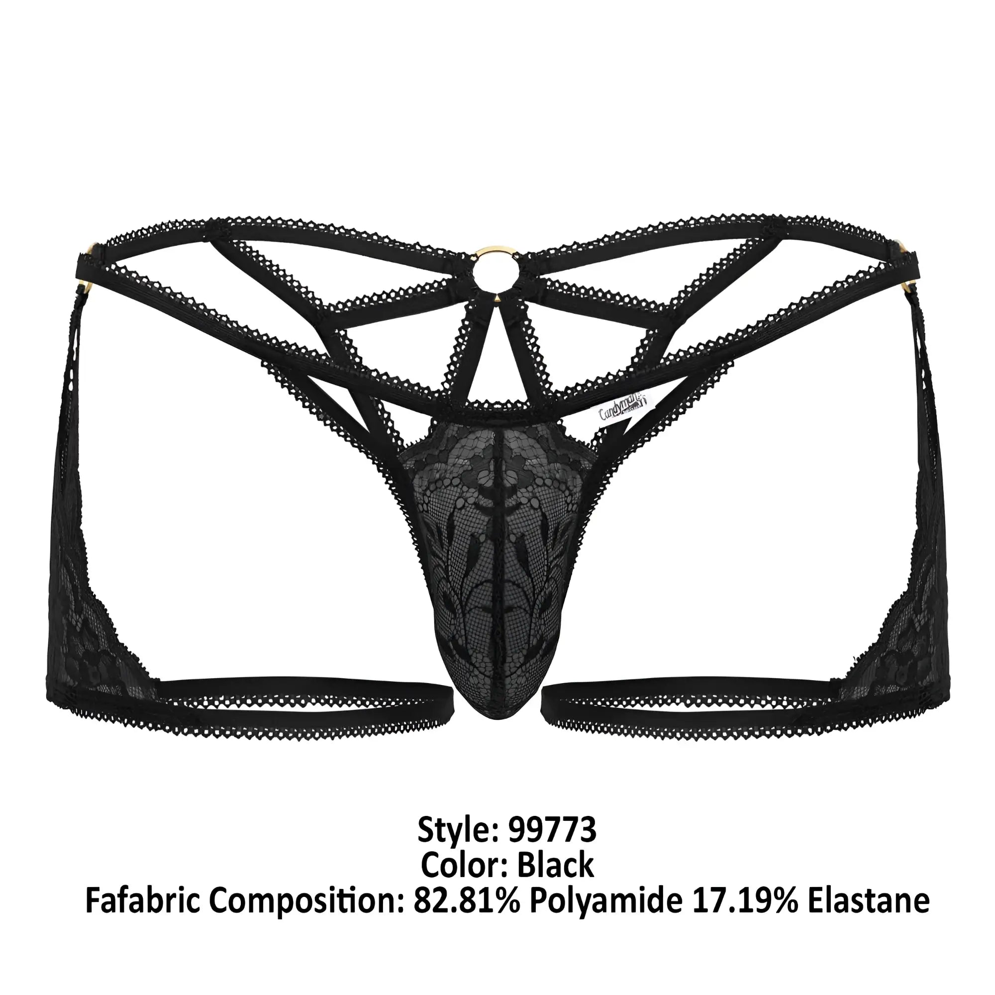 Black lace thong CandyMan 99773 lace trunks thongs with intricate floral patterns and a circular metal ring at the back