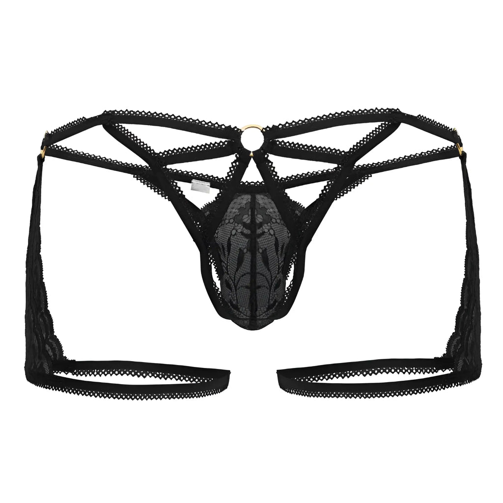 Black lace thong CandyMan 99773 with intricate floral patterns and central circular metal ring in color black