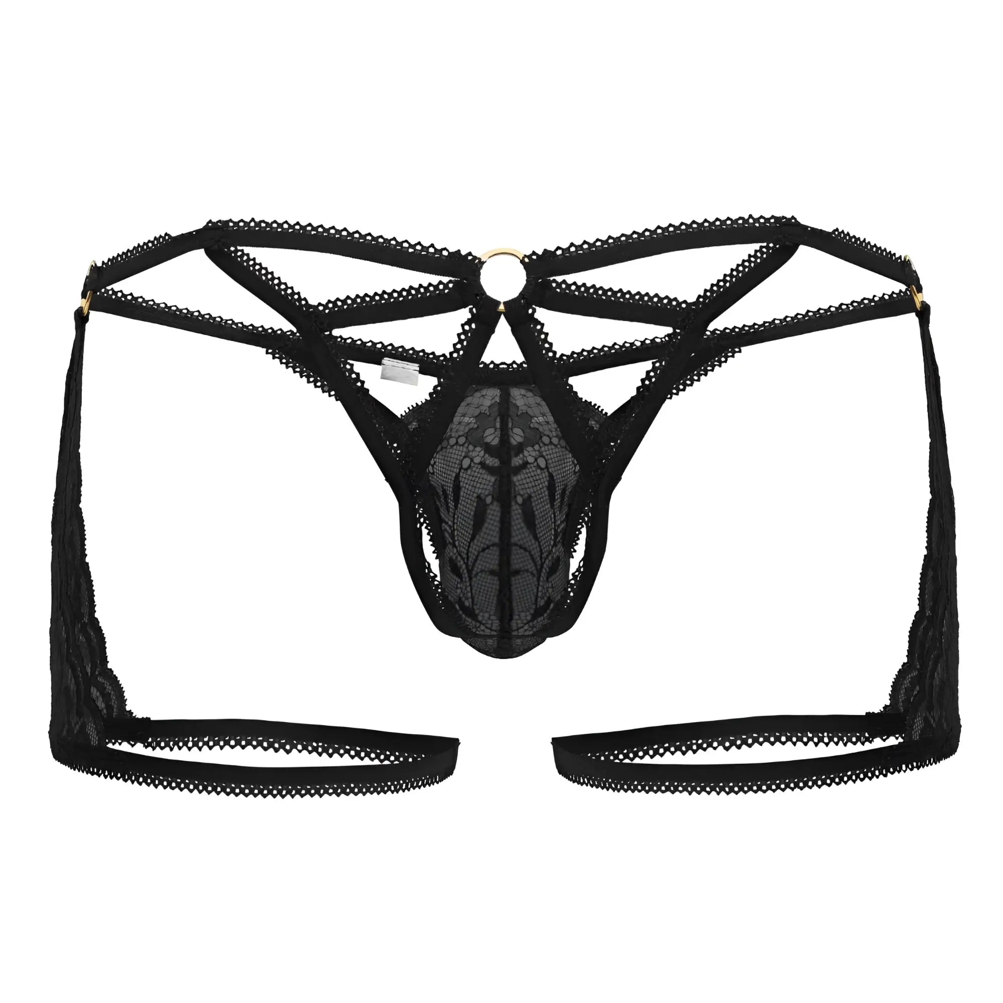 Black lace thong CandyMan 99773 with intricate floral patterns and central circular metal ring in color black